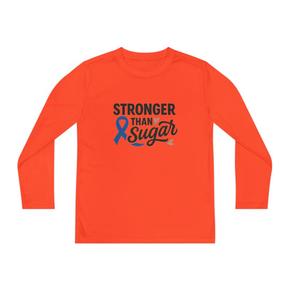 Main view of Neon Orange Stronger Than Sugar youth long sleeve shirt — bold orange awareness tee representing energy, courage, and diabetes advocacy.
