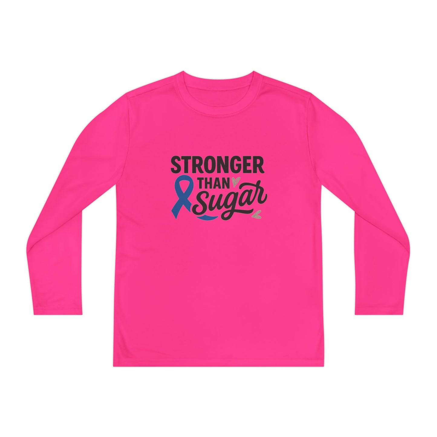 Main view of neon pink Stronger Than Sugar youth long sleeve shirt — vibrant awareness tee promoting diabetes strength and positivity.