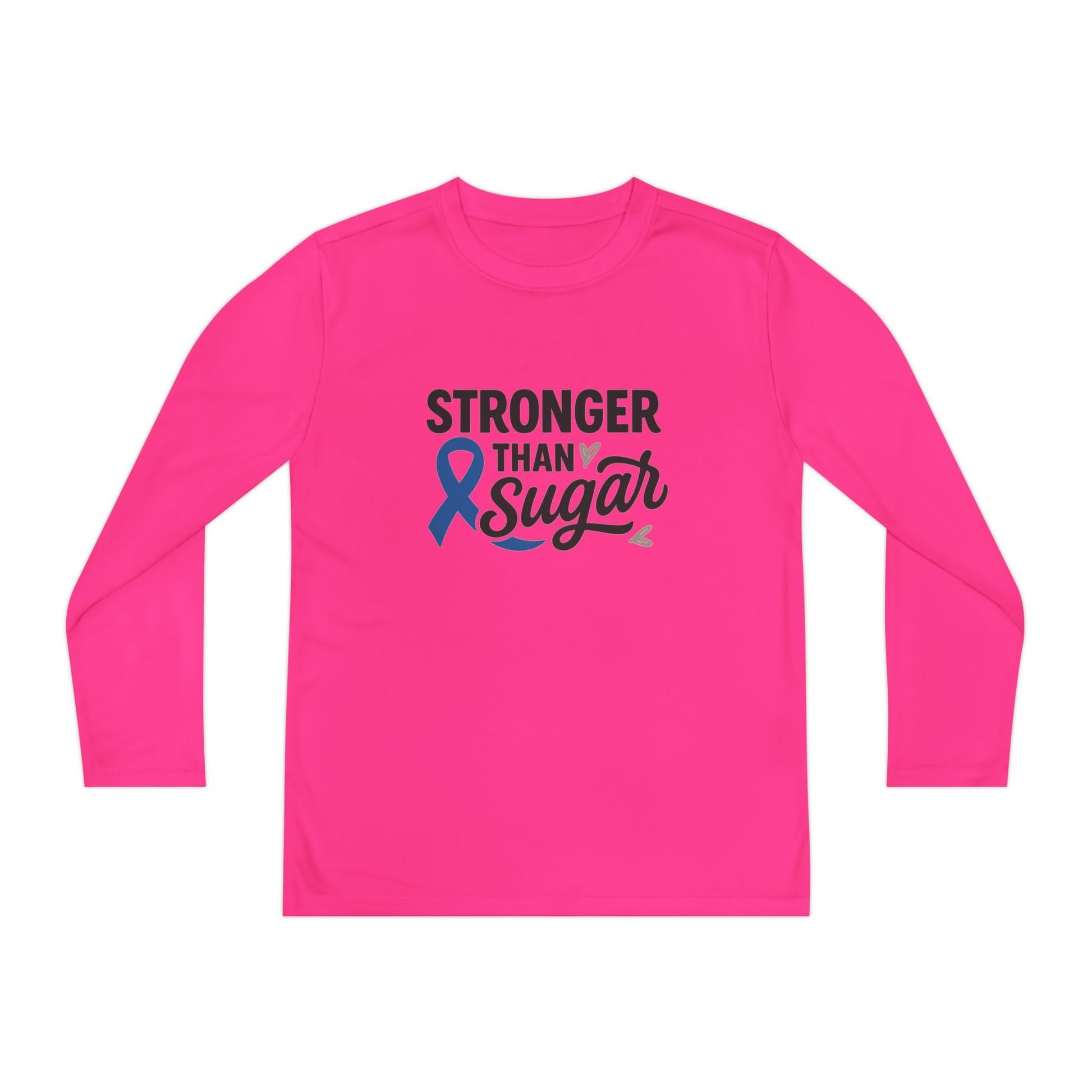 Main view of neon pink Stronger Than Sugar youth long sleeve shirt — vibrant awareness tee promoting diabetes strength and positivity.