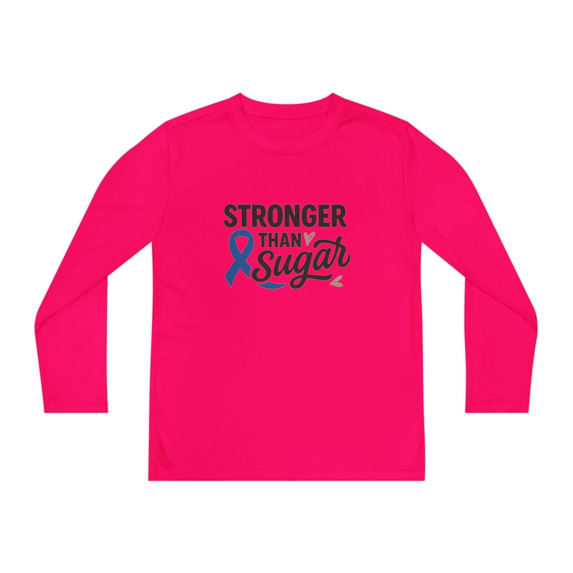 Main view of pink raspberry Stronger Than Sugar youth long sleeve shirt — vibrant unisex awareness tee supporting diabetes strength and confidence.