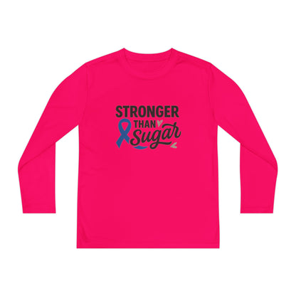 Main view of pink raspberry Stronger Than Sugar youth long sleeve shirt — vibrant unisex awareness tee supporting diabetes strength and confidence.