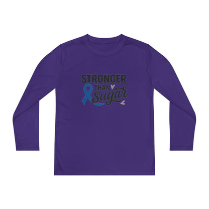 Main view of purple Stronger Than Sugar youth long sleeve shirt — bold awareness tee representing diabetes strength, unity, and hope.