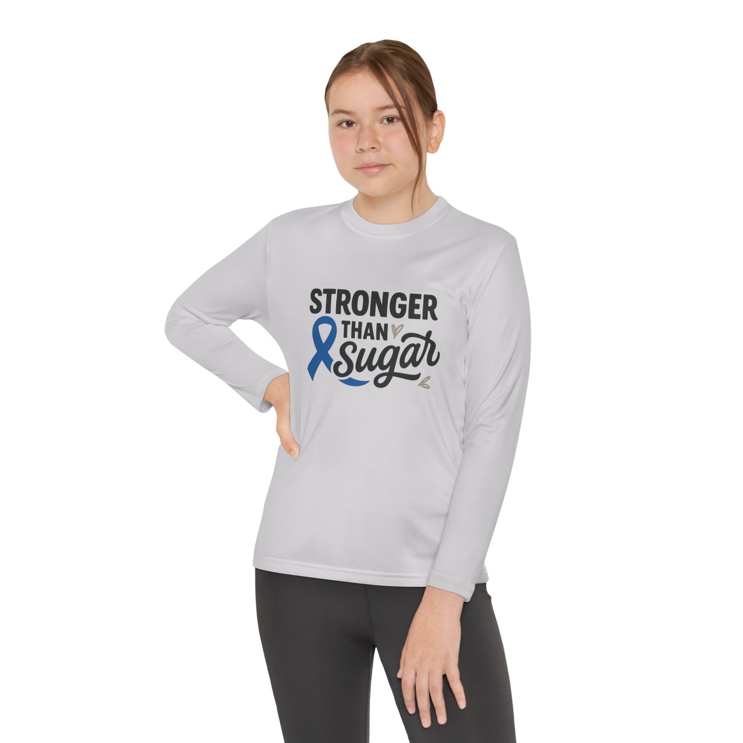 Youth girl in Silver Stronger Than Sugar long sleeve shirt — soft grey awareness apparel for diabetes advocacy and strong self-expression.