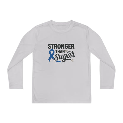 Main view of Silver Stronger Than Sugar youth long sleeve shirt — light grey awareness tee representing resilience, unity, and diabetes strength.