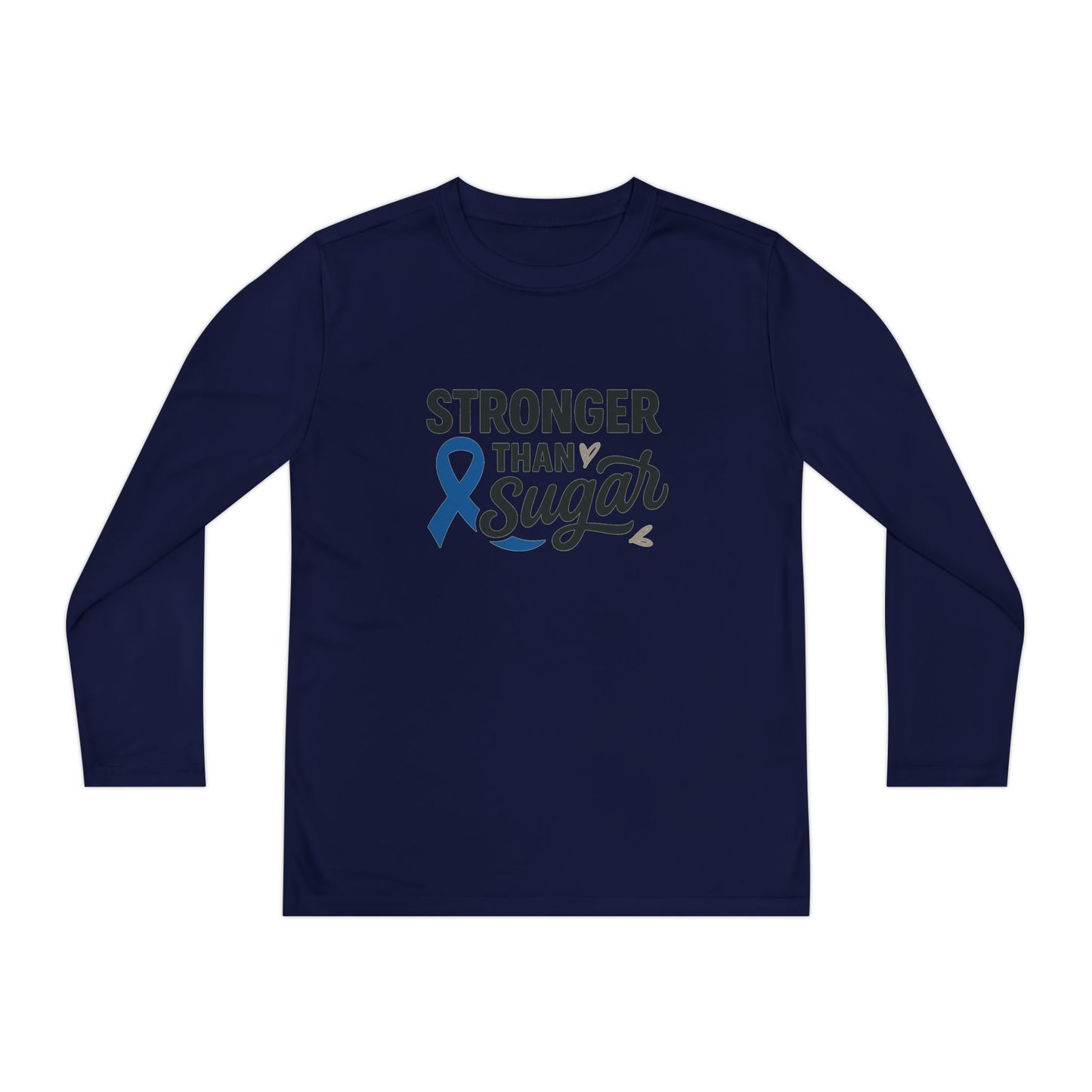 Main view of True Navy Stronger Than Sugar youth long sleeve shirt — dark navy awareness tee symbolizing diabetes strength, courage, and community.