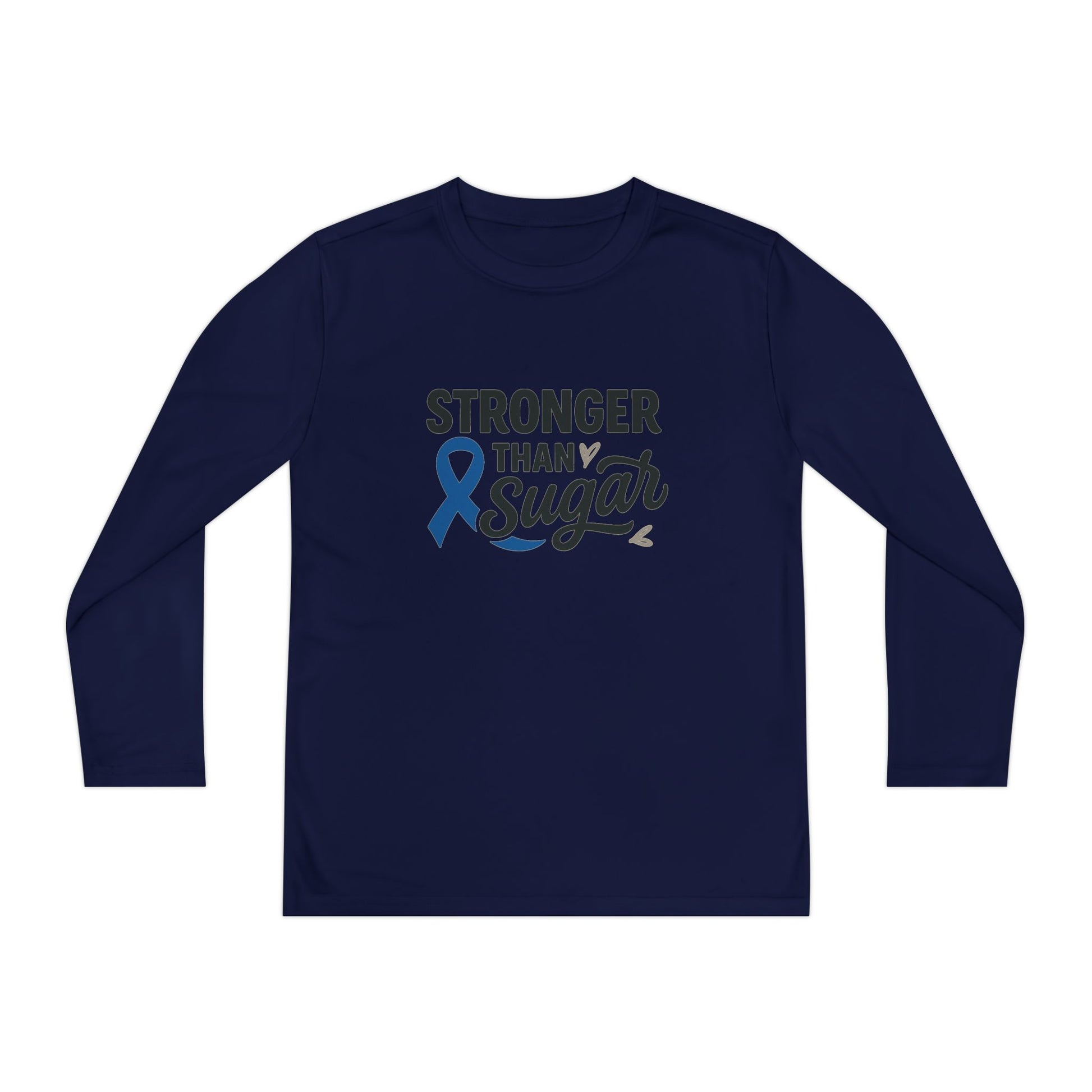 Main view of True Navy Stronger Than Sugar youth long sleeve shirt — dark navy awareness tee symbolizing diabetes strength, courage, and community.