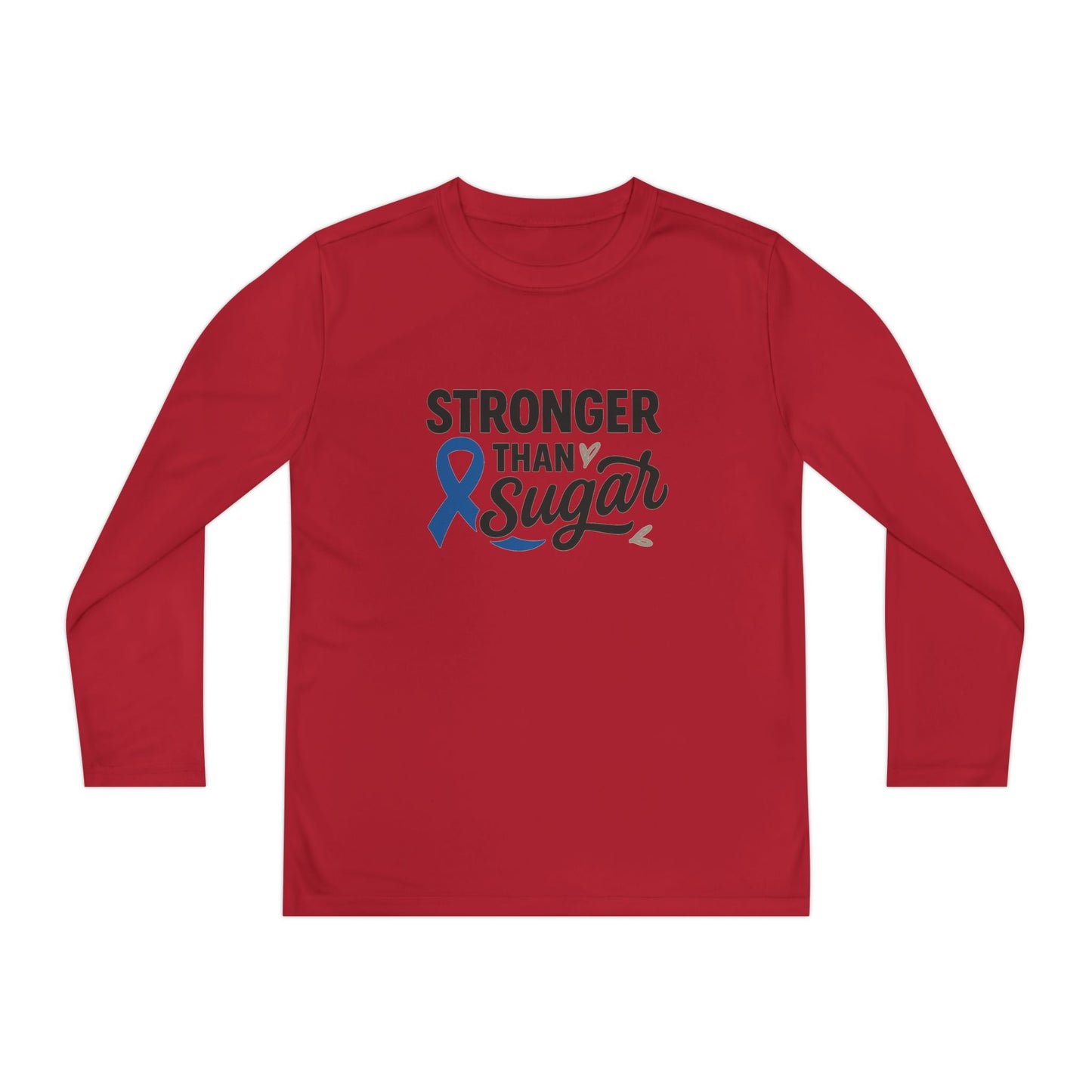 Main view of true red Stronger Than Sugar youth long sleeve shirt — bold awareness tee symbolizing strength, resilience, and diabetes support.