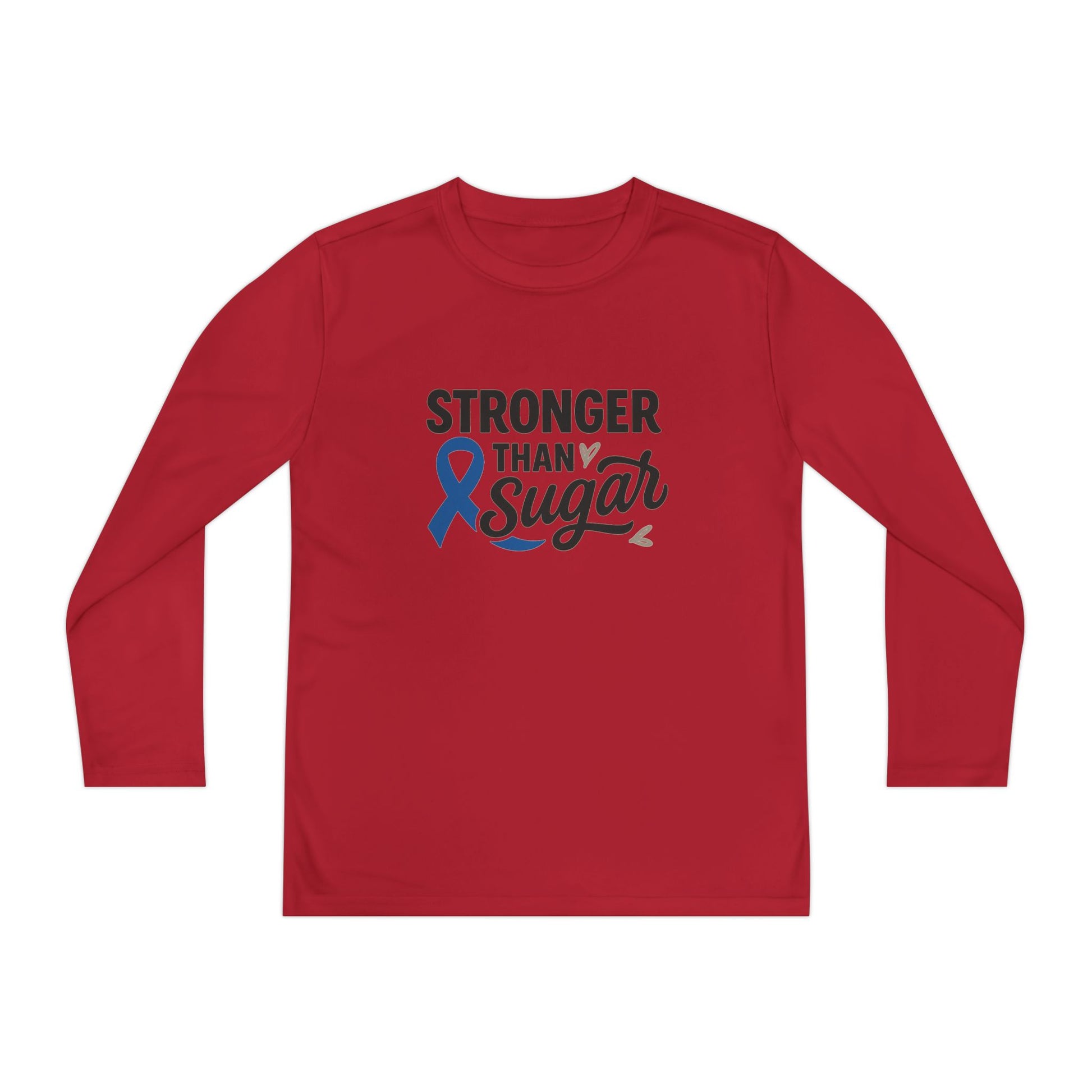 Main view of true red Stronger Than Sugar youth long sleeve shirt — bold awareness tee symbolizing strength, resilience, and diabetes support.