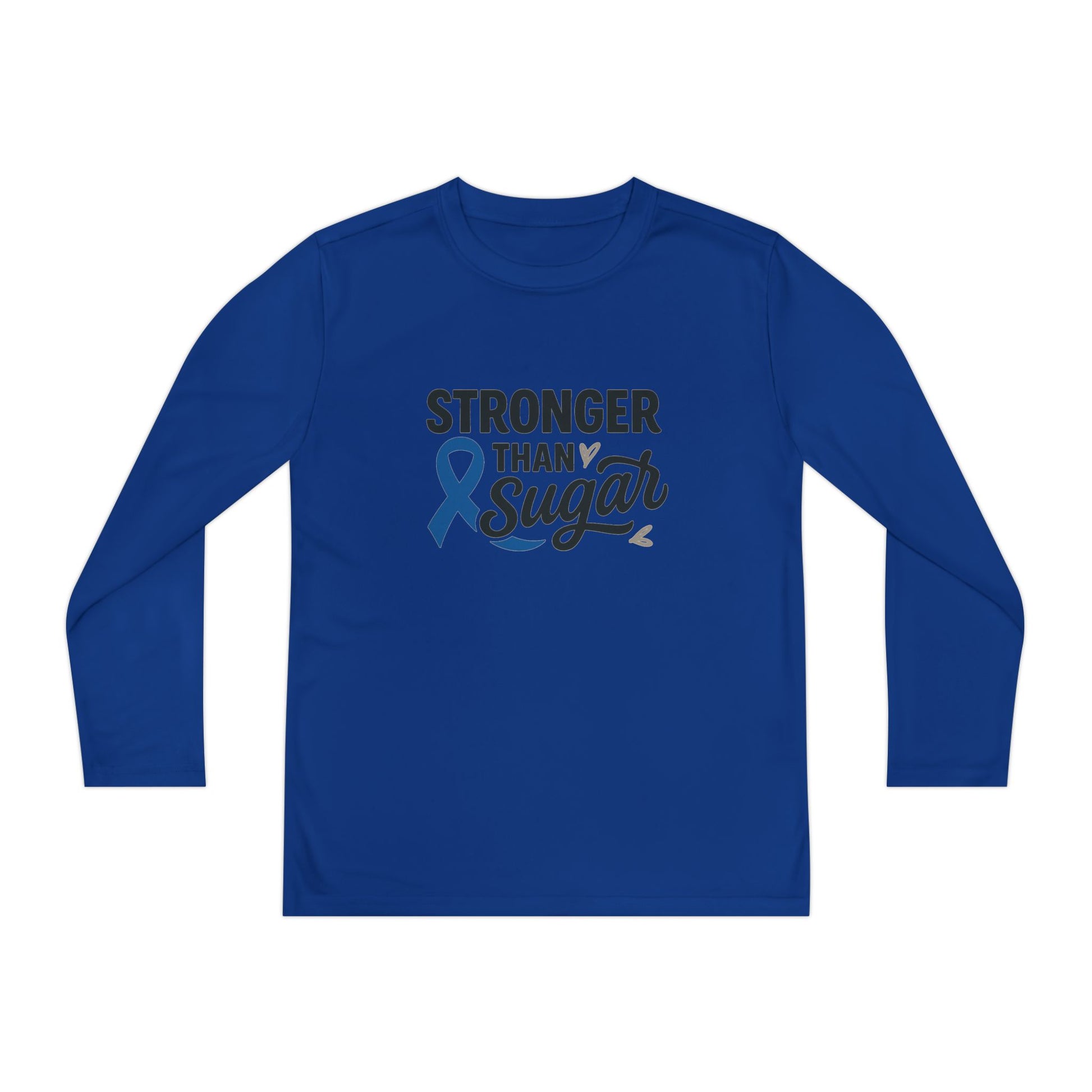 Main view of True Royal Stronger Than Sugar youth long sleeve shirt — bright blue awareness tee designed to celebrate diabetes resilience and support.