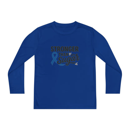 Main view of True Royal Stronger Than Sugar youth long sleeve shirt — bright blue awareness tee designed to celebrate diabetes resilience and support.