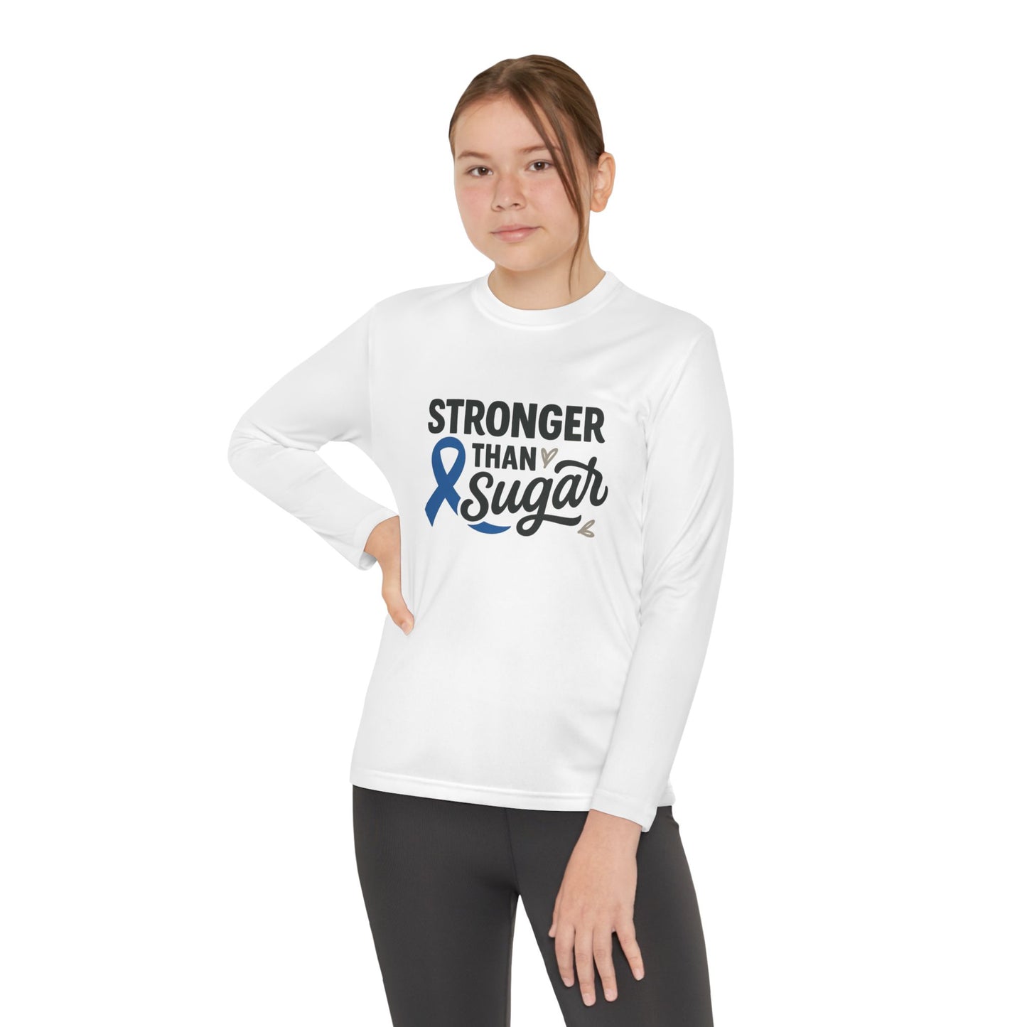 Youth girl in White Stronger Than Sugar long sleeve shirt — inspiring awareness apparel for diabetes support, hope, and empowerment.
