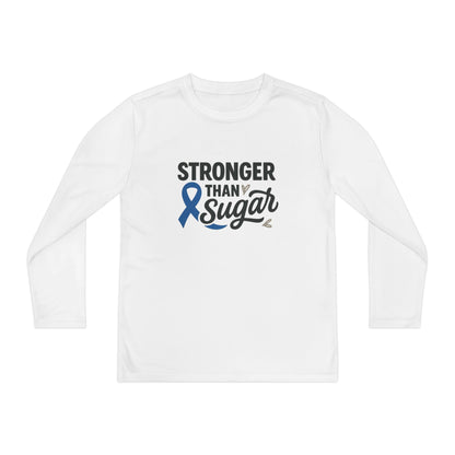 Main view of White Stronger Than Sugar youth long sleeve shirt — clean white diabetes awareness tee symbolizing purity, strength, and support.