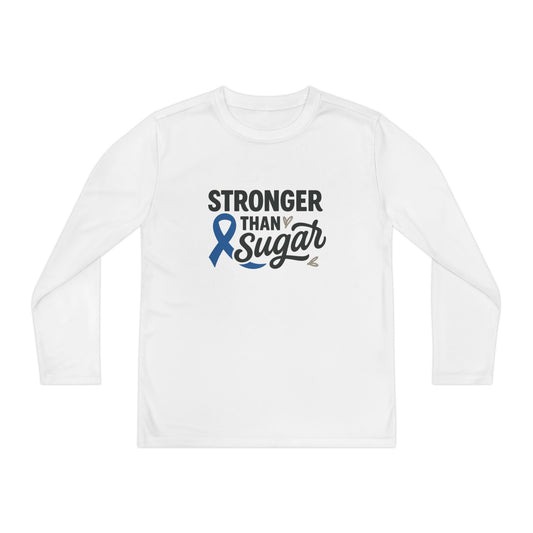 Main view of White Stronger Than Sugar youth long sleeve shirt — clean white diabetes awareness tee symbolizing purity, strength, and support.
