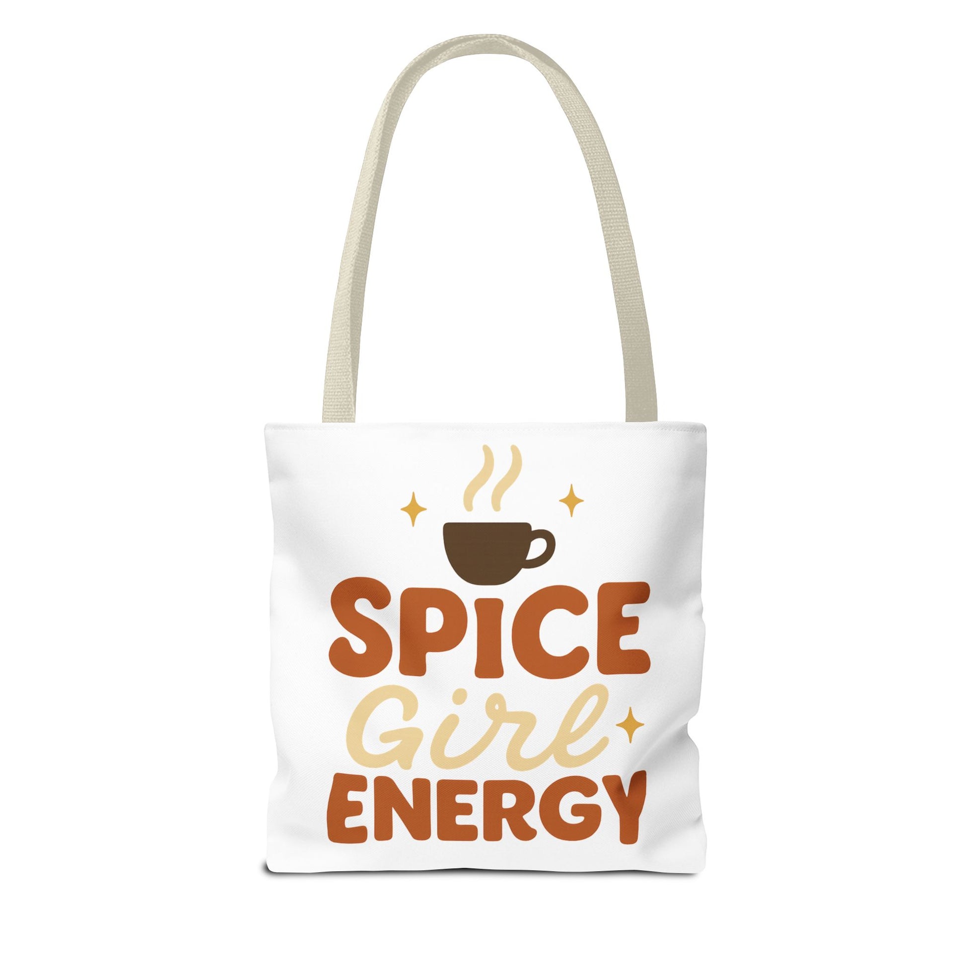 White “Spice Girl Energy” tote bag with beige straps — cozy fall-inspired coffee tote featuring warm orange and brown retro lettering.