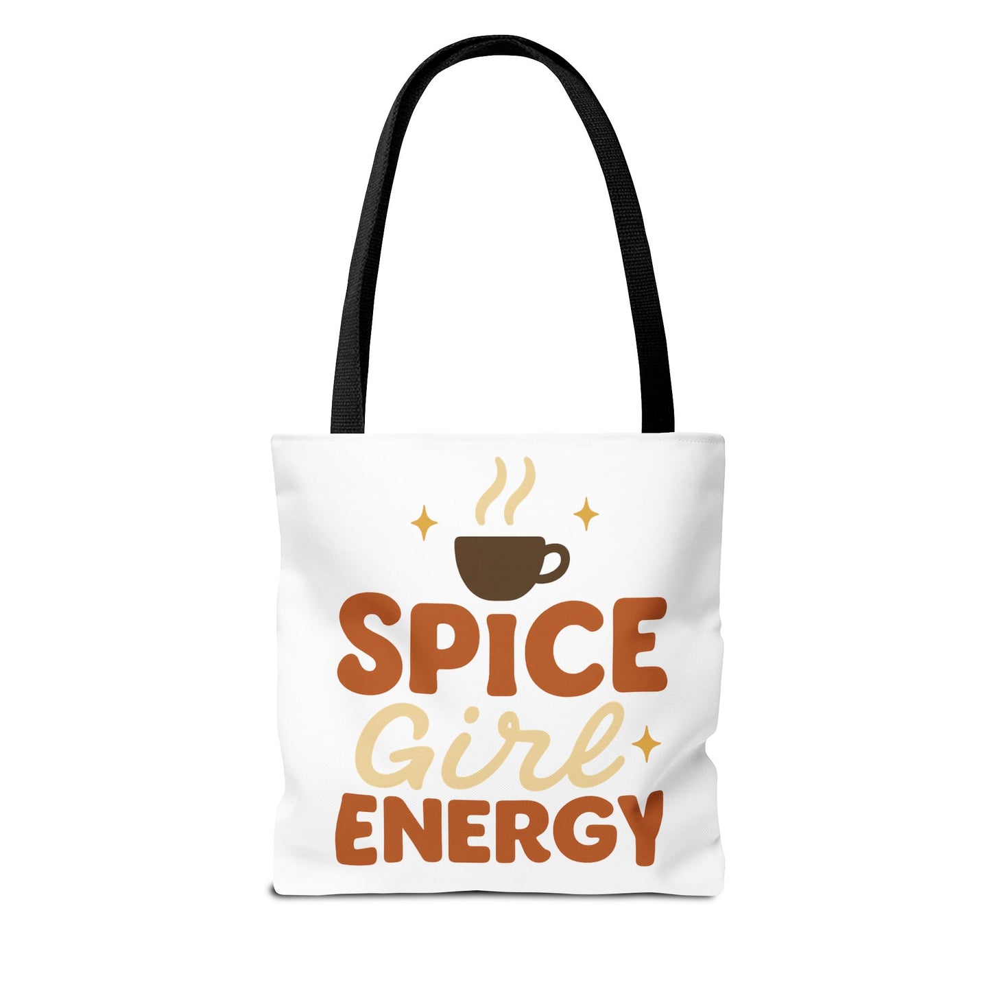 White “Spice Girl Energy” tote bag with black straps — cozy fall coffee tote with warm retro lettering and minimalist style.