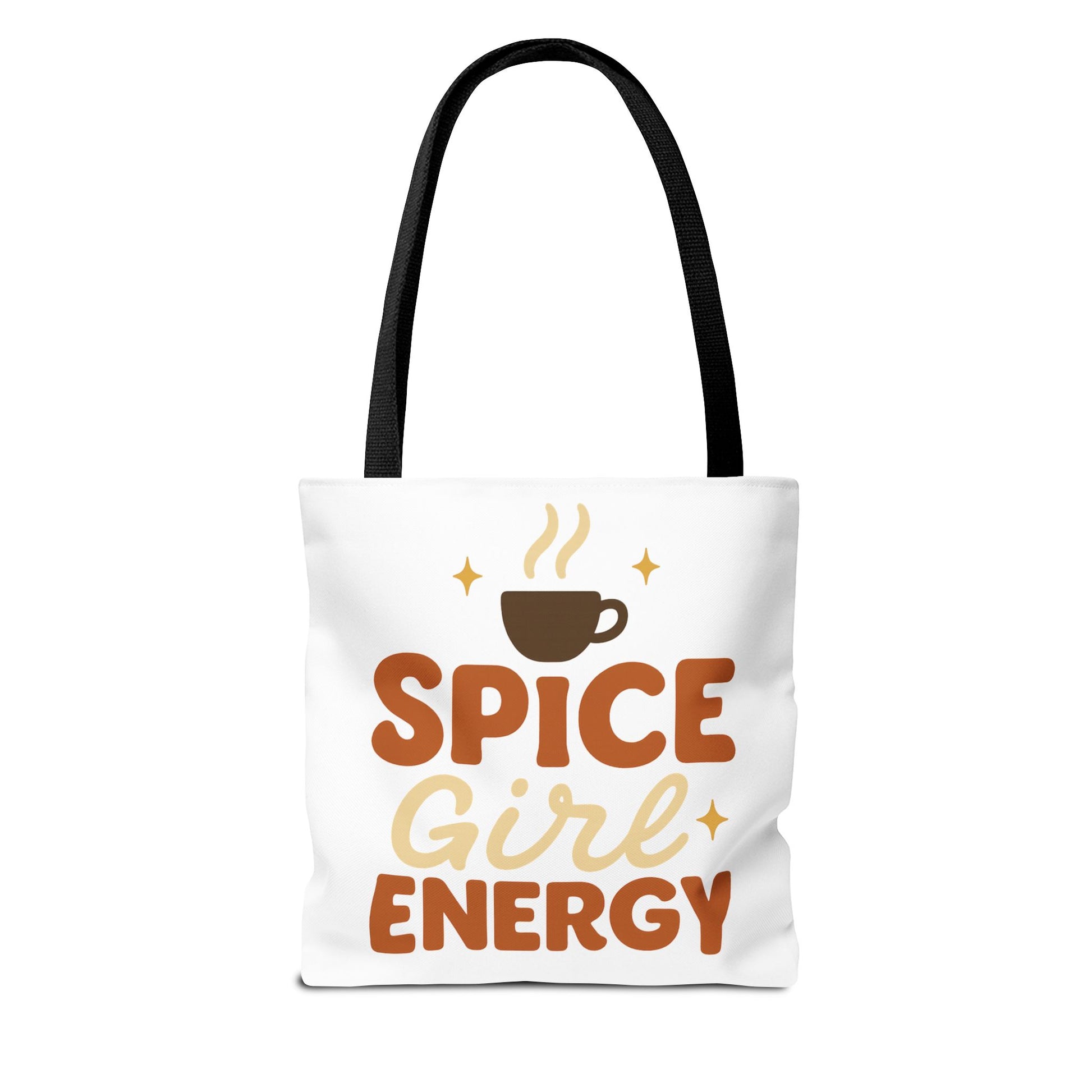 White “Spice Girl Energy” tote bag with black straps — cozy fall coffee tote with warm retro lettering and minimalist style.