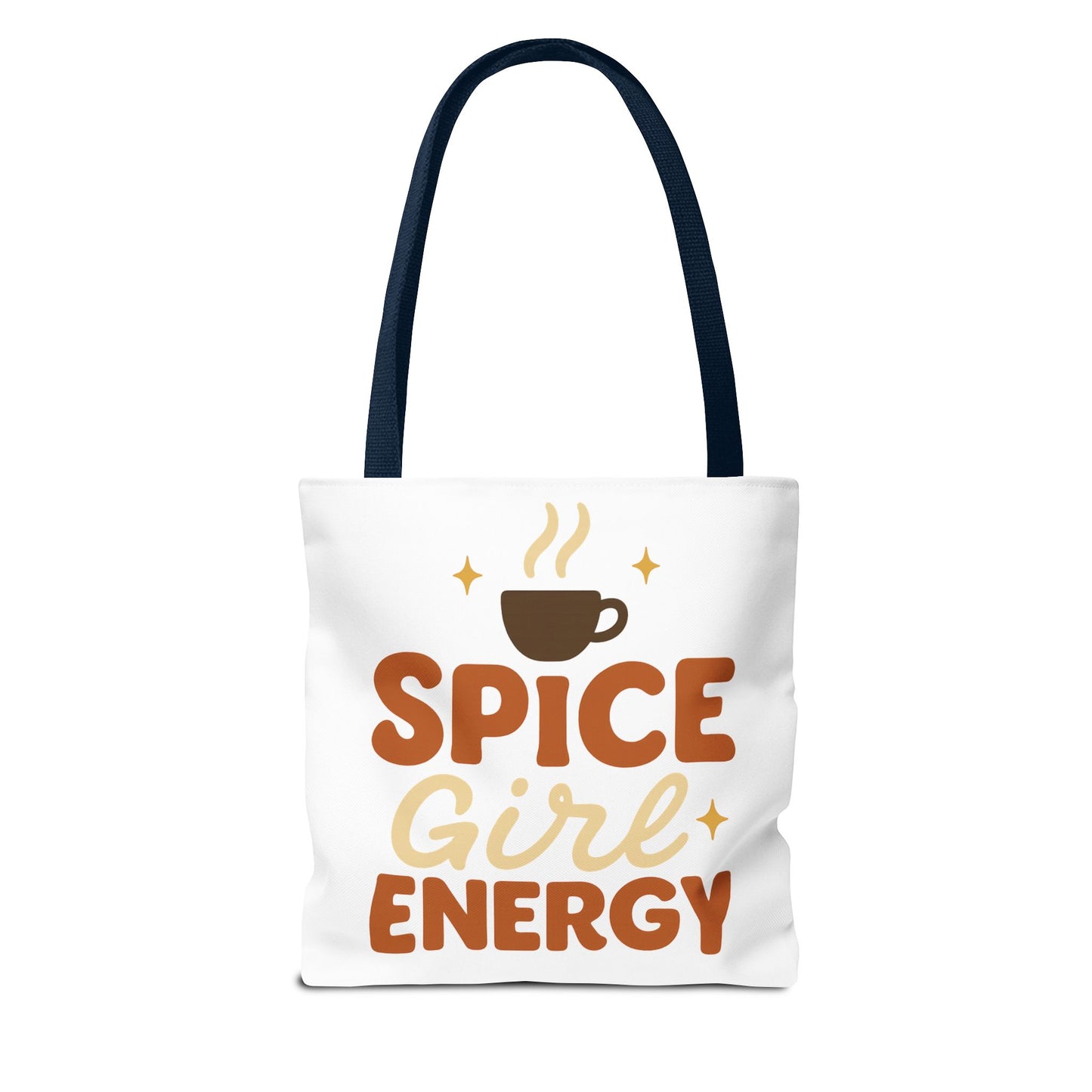 White “Spice Girl Energy” tote bag with navy straps — retro coffee lover tote featuring fall tones and cozy minimalist design.