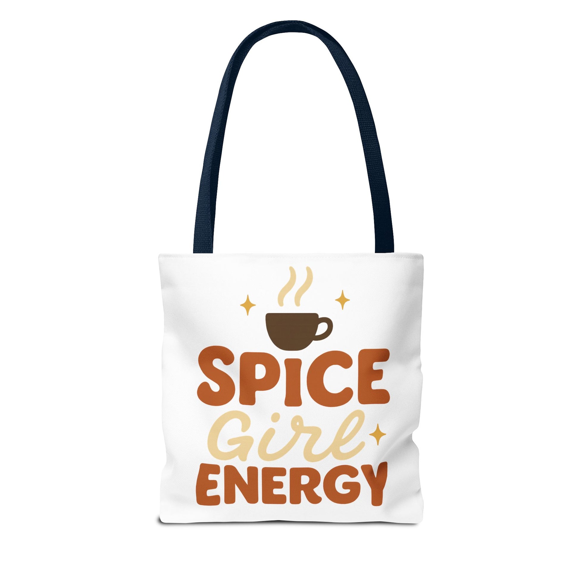 White “Spice Girl Energy” tote bag with navy straps — retro coffee lover tote featuring fall tones and cozy minimalist design.