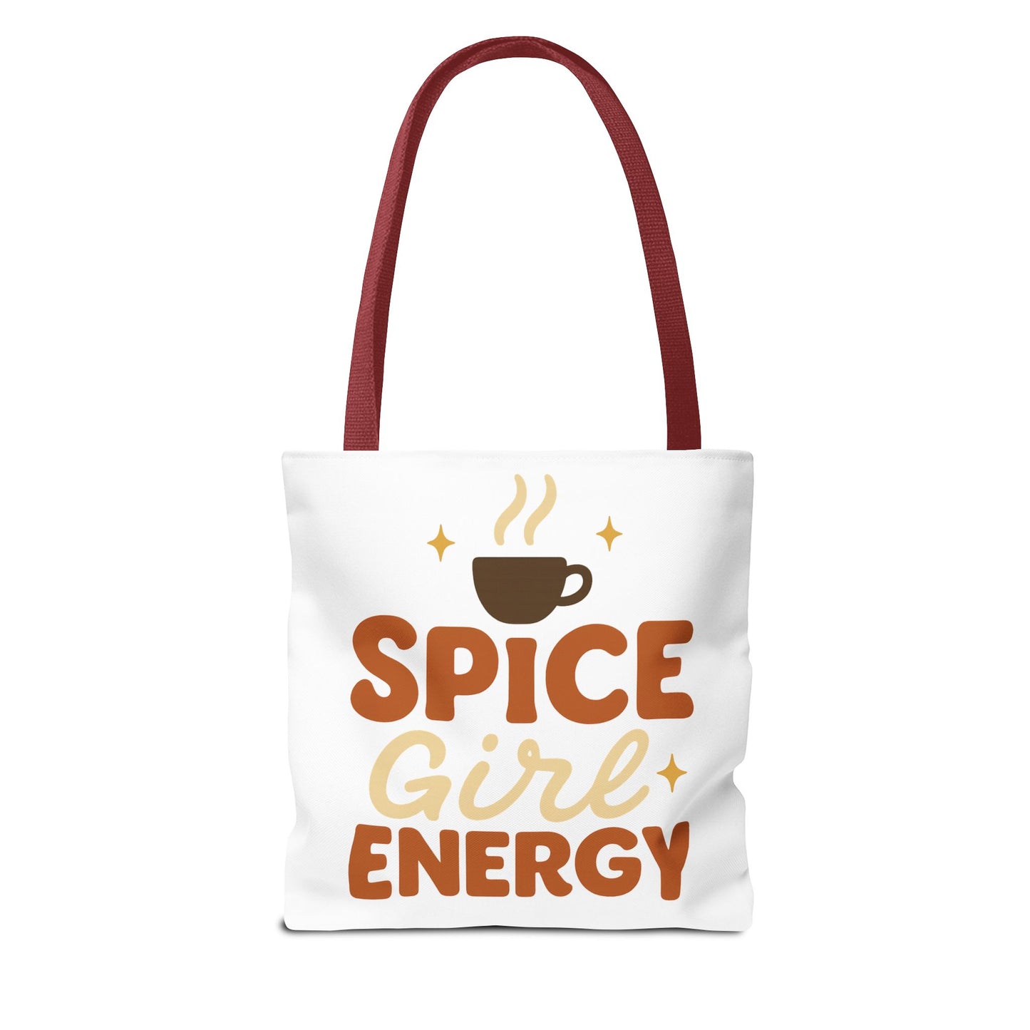 White “Spice Girl Energy” tote bag with red straps — cozy fall coffee tote featuring retro orange and brown lettering with minimalist style.
