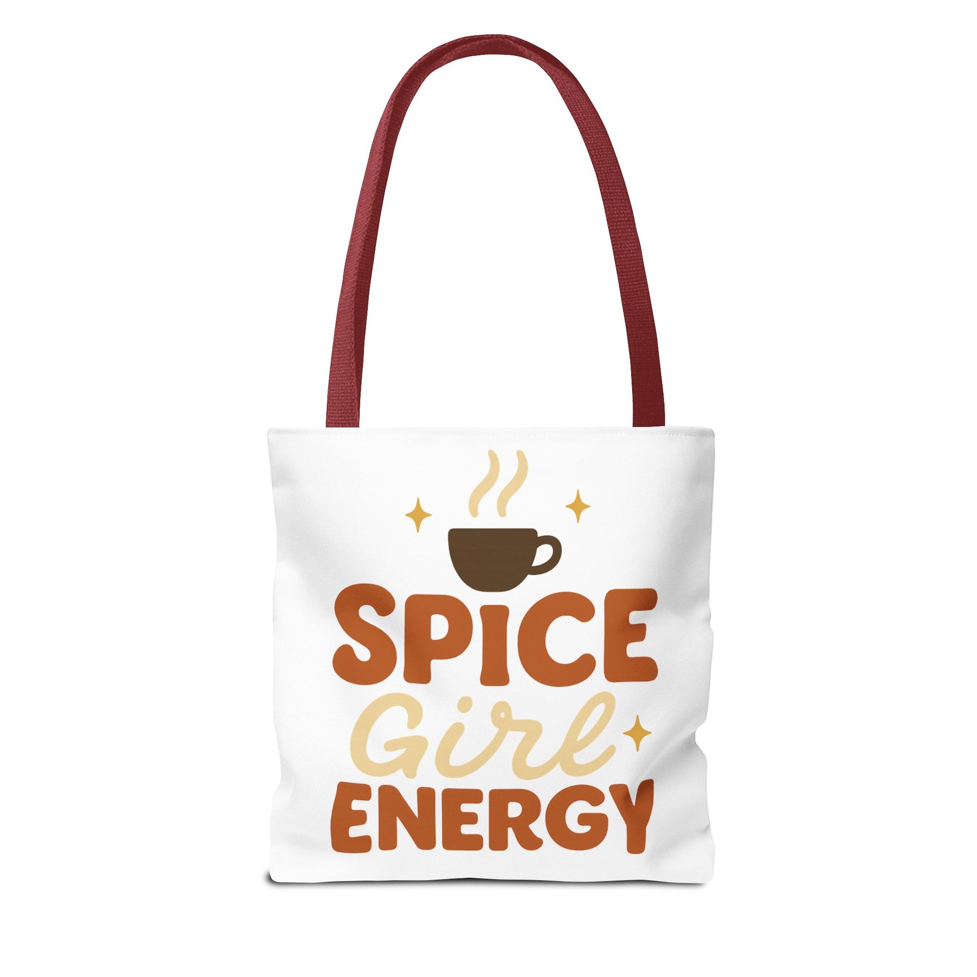 White “Spice Girl Energy” tote bag with red straps — cozy fall coffee tote featuring retro orange and brown lettering with minimalist style.