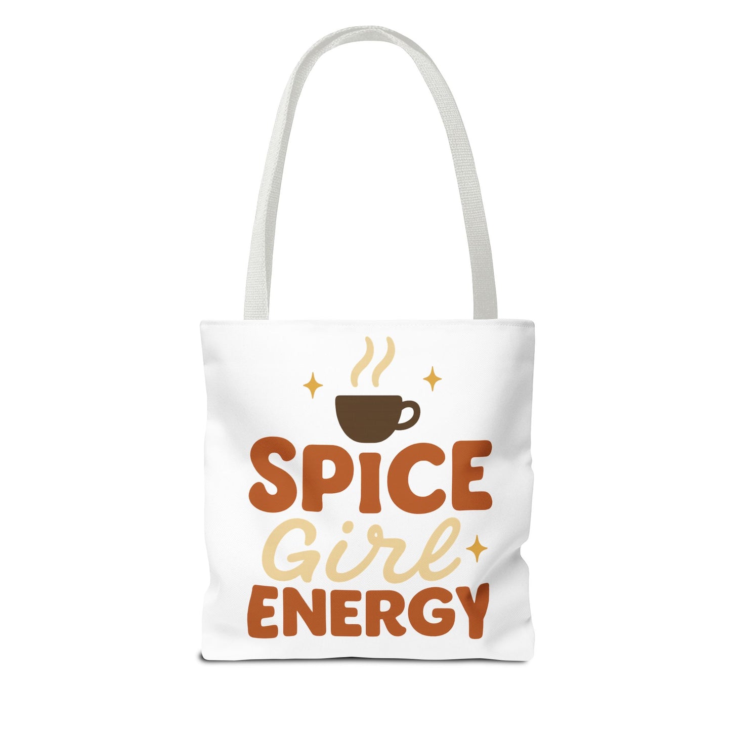 White “Spice Girl Energy” tote bag with white straps — warm fall-toned lettering with cozy coffee design and retro font.