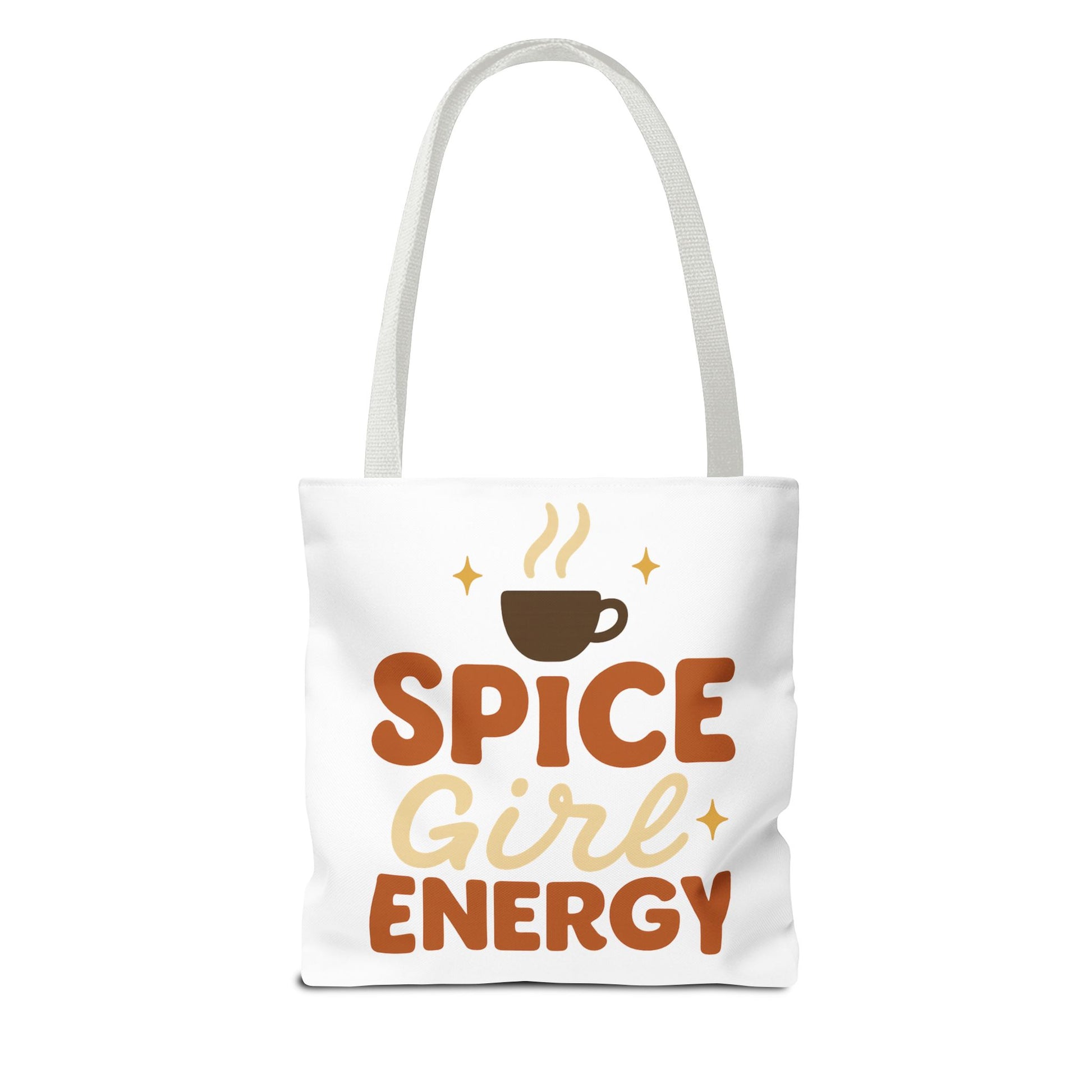 White “Spice Girl Energy” tote bag with white straps — warm fall-toned lettering with cozy coffee design and retro font.