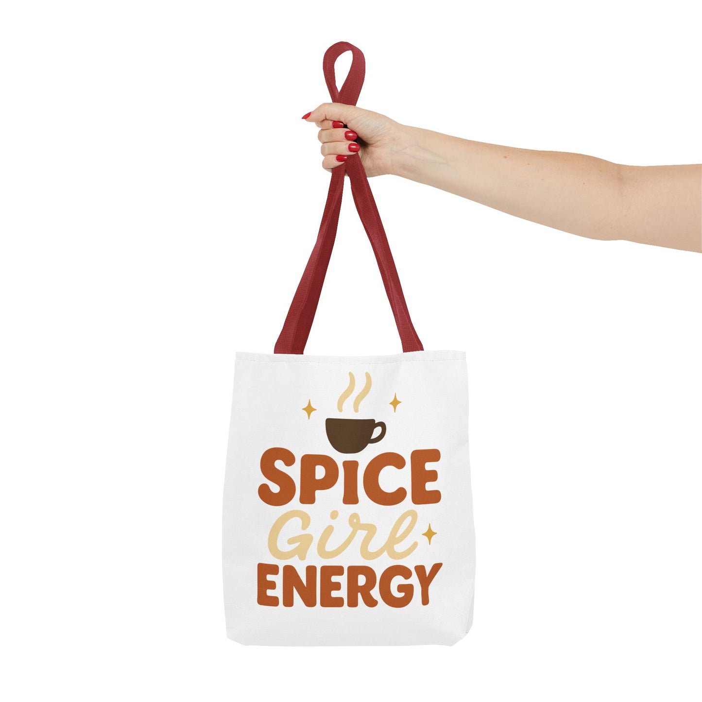 Red-handled white “Spice Girl Energy” tote bag held in hand — trendy fall tote for pumpkin spice lovers and everyday errands.
