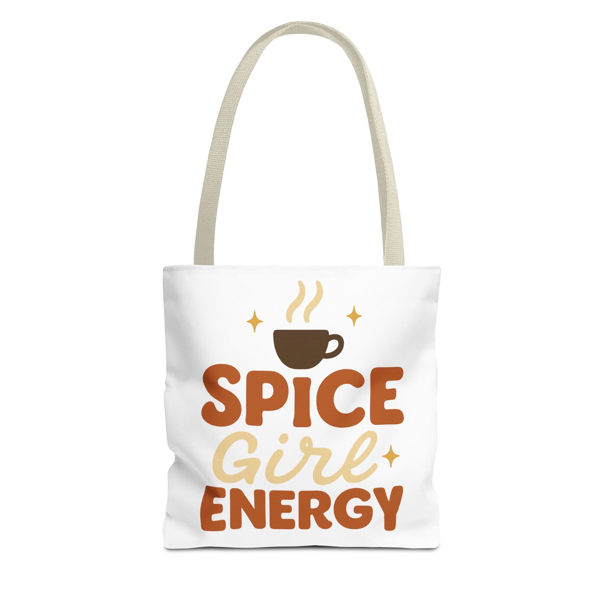 White “Spice Girl Energy” tote bag with beige straps — cozy fall-inspired coffee tote featuring warm orange and brown retro lettering.