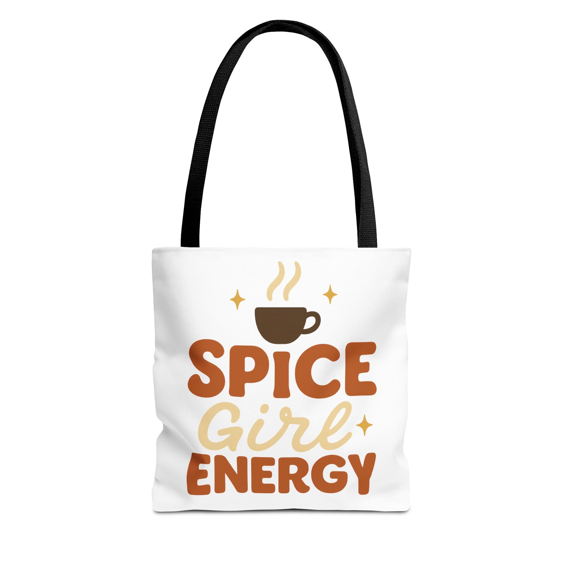 White “Spice Girl Energy” tote bag with black straps — cozy fall coffee tote with warm retro lettering and minimalist style.
