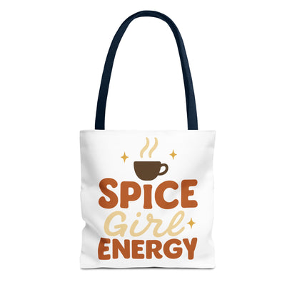 White “Spice Girl Energy” tote bag with navy straps — retro coffee lover tote featuring fall tones and cozy minimalist design.