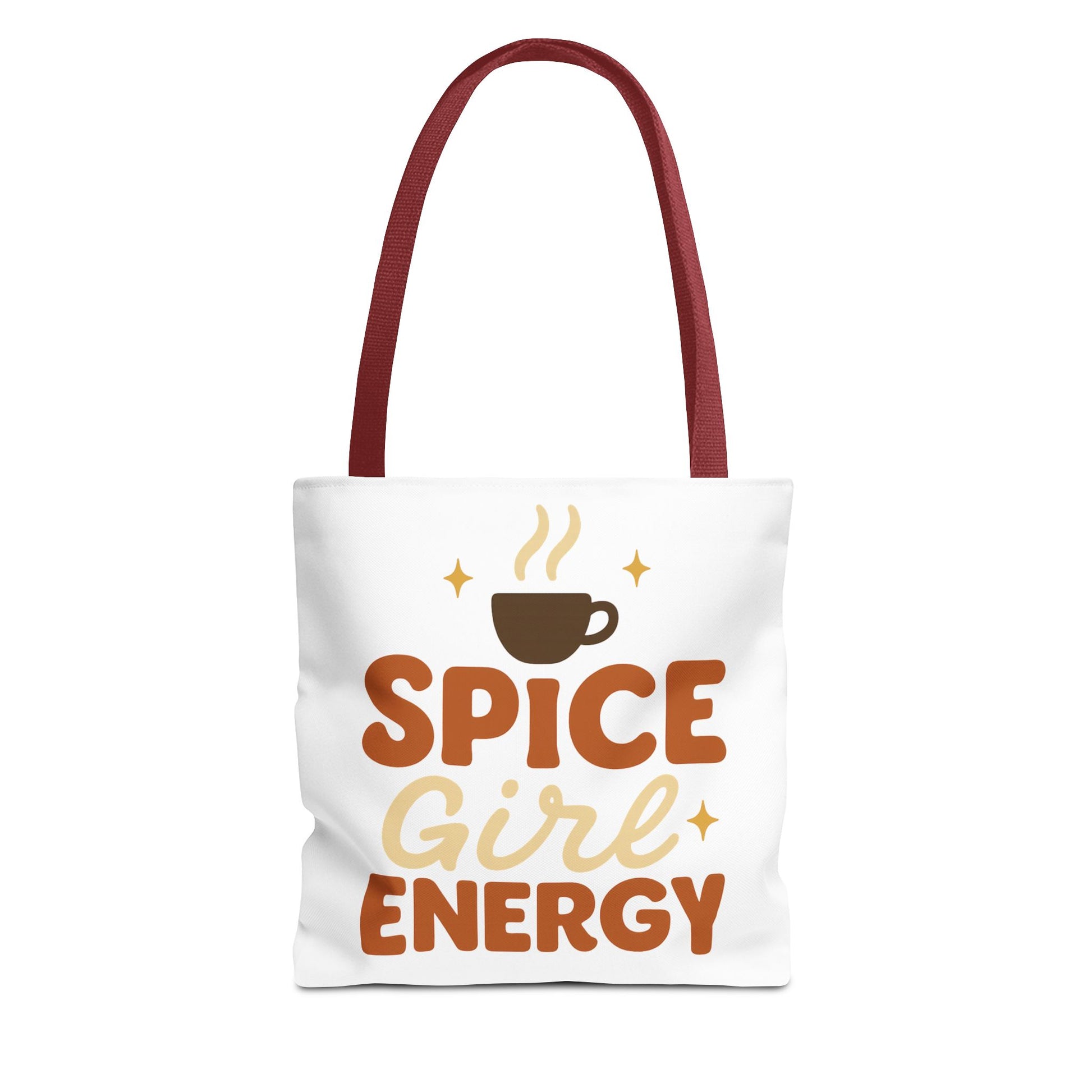 White “Spice Girl Energy” tote bag with red straps — cozy fall coffee tote featuring retro orange and brown lettering with minimalist style.