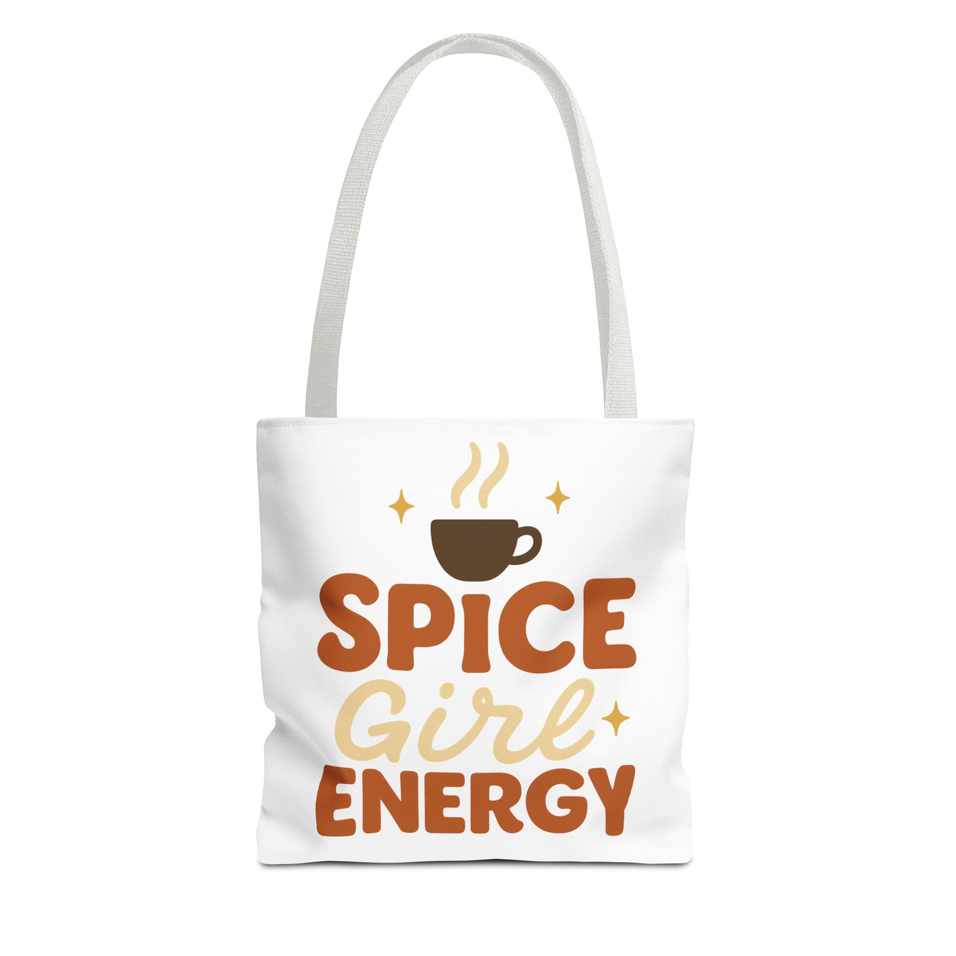 White “Spice Girl Energy” tote bag with white straps — warm fall-toned lettering with cozy coffee design and retro font.