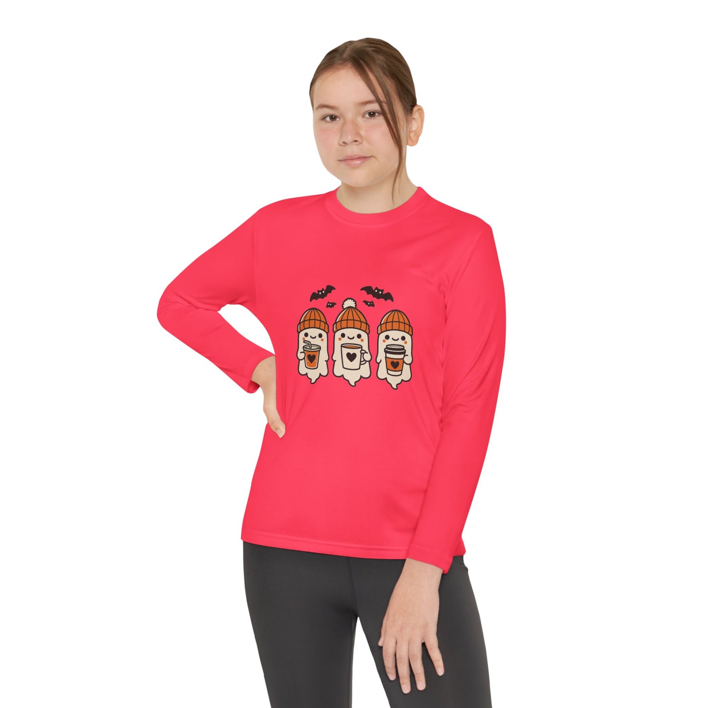 girl wearing coral Makin’ It By Lady Ev long sleeve Halloween shirt with ghost design.