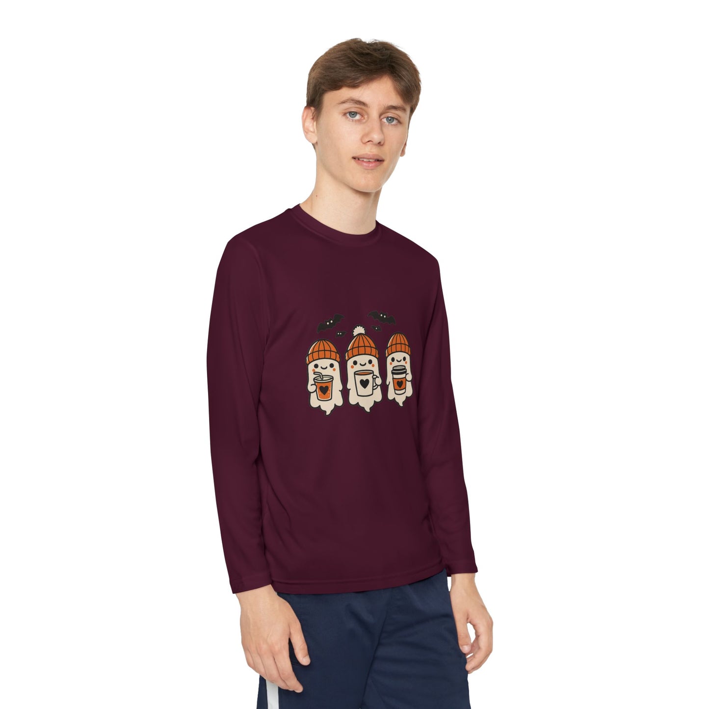 boy wearing maroon Makin’ It By Lady Ev long sleeve Halloween shirt with ghost and bat design.