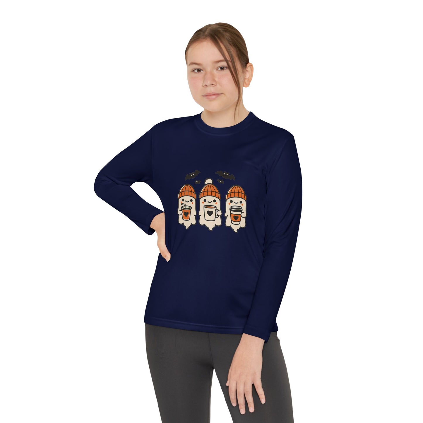 Young Female model in navy blue long sleeve shirt with three cute Halloween ghosts wearing orange beanies and holding coffee cups, designed by Makin’ It By Lady Ev.