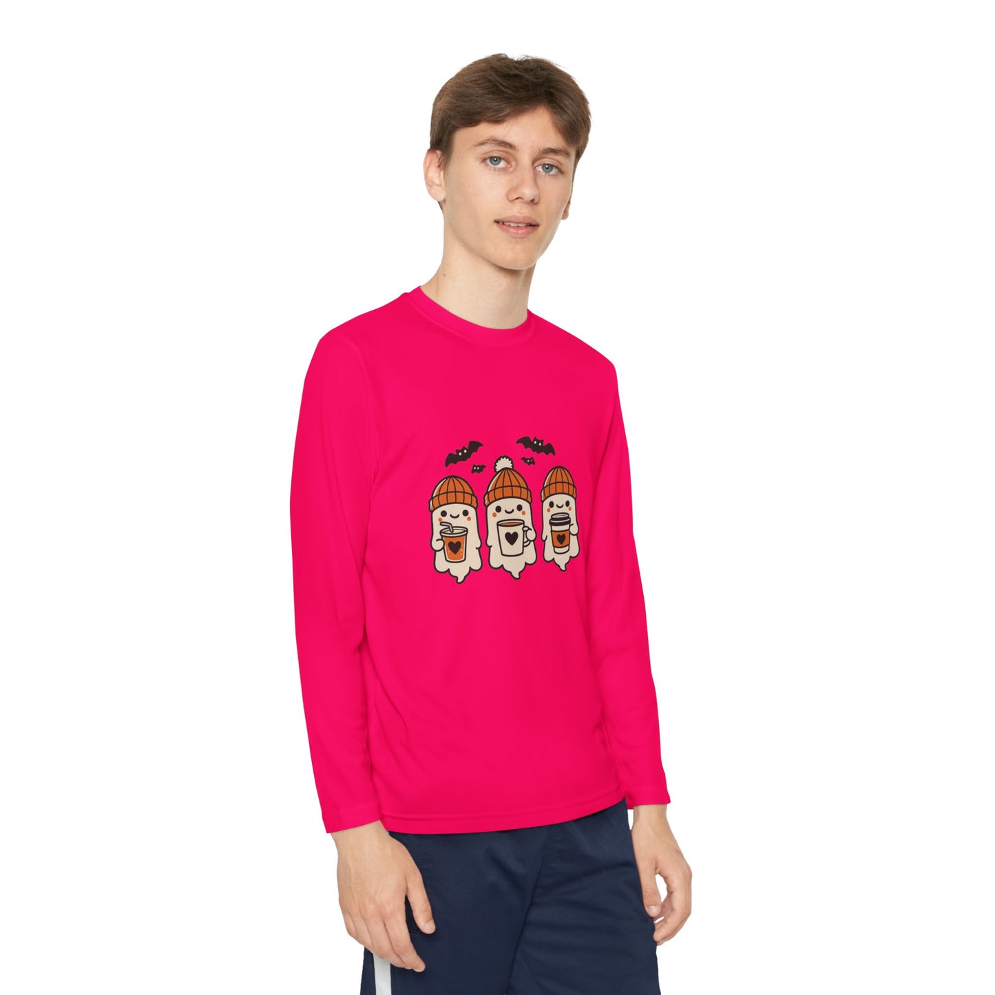 Boy wearing Makin’ It By Lady Ev pink long sleeve Halloween shirt with ghost and bat design.