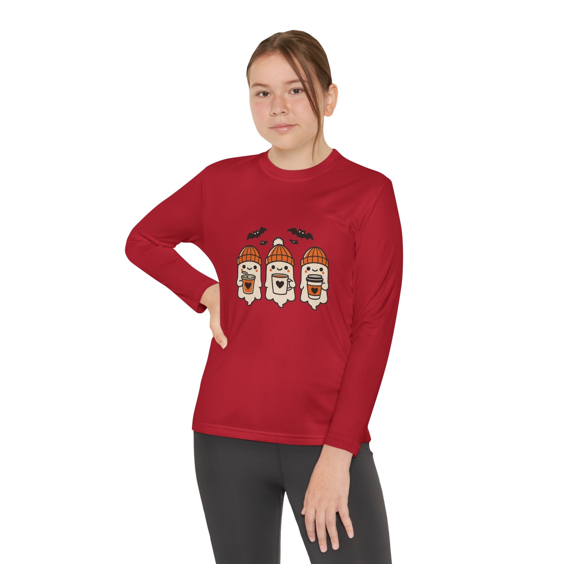 Young Female model in red long sleeve shirt with three adorable Halloween ghosts in orange beanies holding mugs of coffee with bats flying above, Makin’ It By Lady Ev.