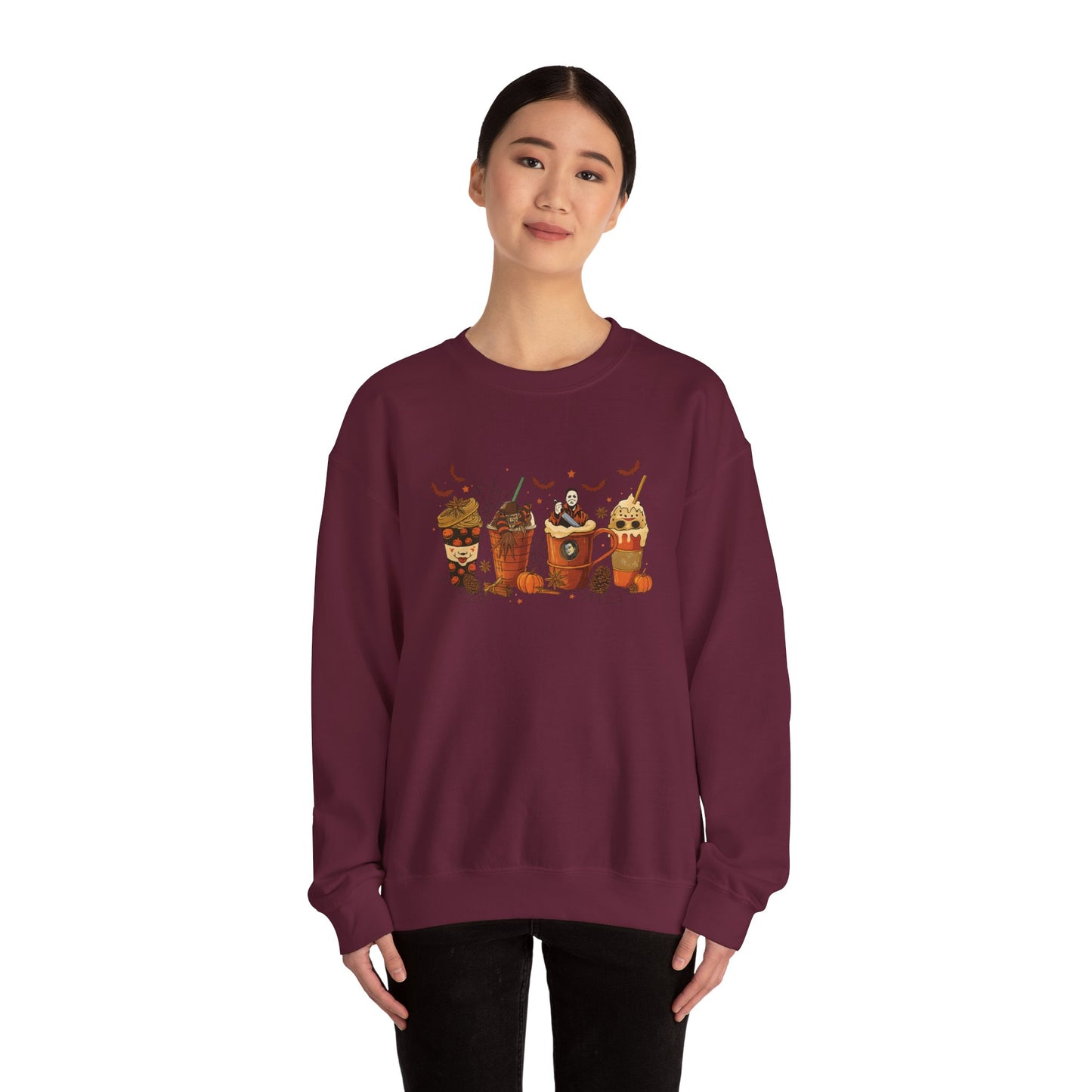 Maroon Gildan 18000 unisex crewneck sweatshirt with Halloween horror coffee drinks design, shown on model for casual fit and style.