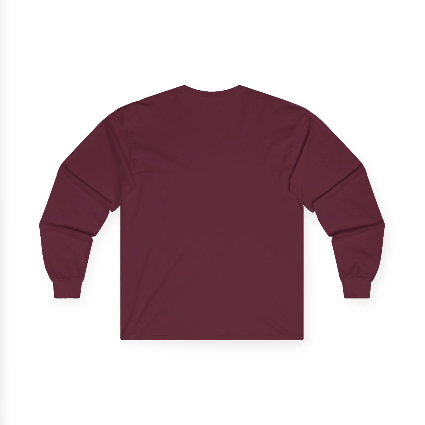 Back view of maroon Gildan 2400 long sleeve unisex t-shirt, featuring cuffed sleeves and solid deep red design, ideal for custom printing, casual wear, and layering.
