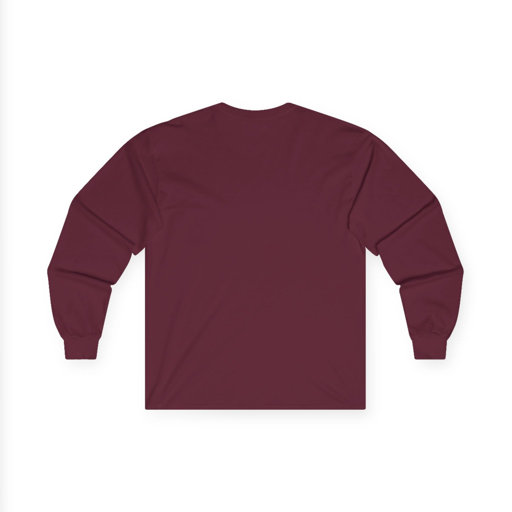 Back view of maroon Gildan 2400 long sleeve unisex t-shirt, featuring cuffed sleeves and solid deep red design, ideal for custom printing, casual wear, and layering.