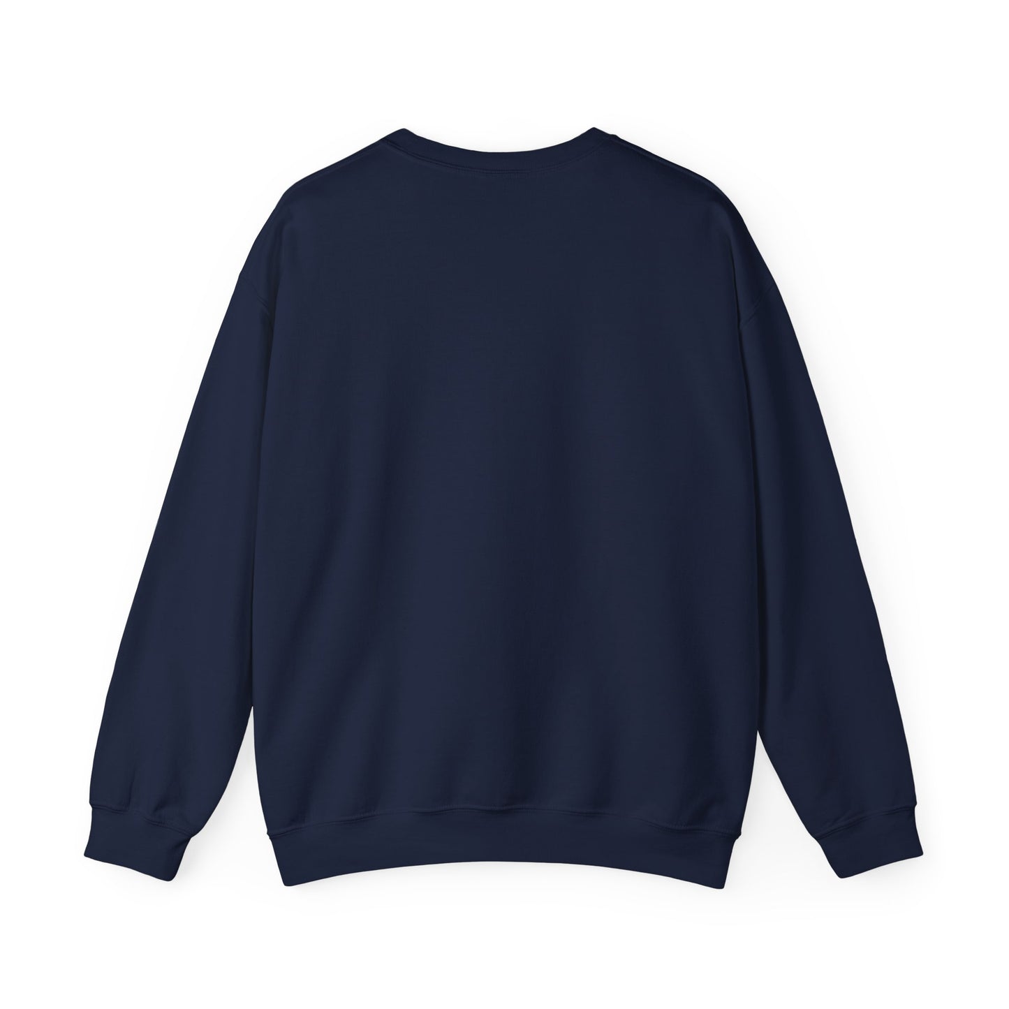 Back view of navy Gildan 18000 unisex crewneck sweatshirt with long sleeves, blank solid color design ready for custom printing.