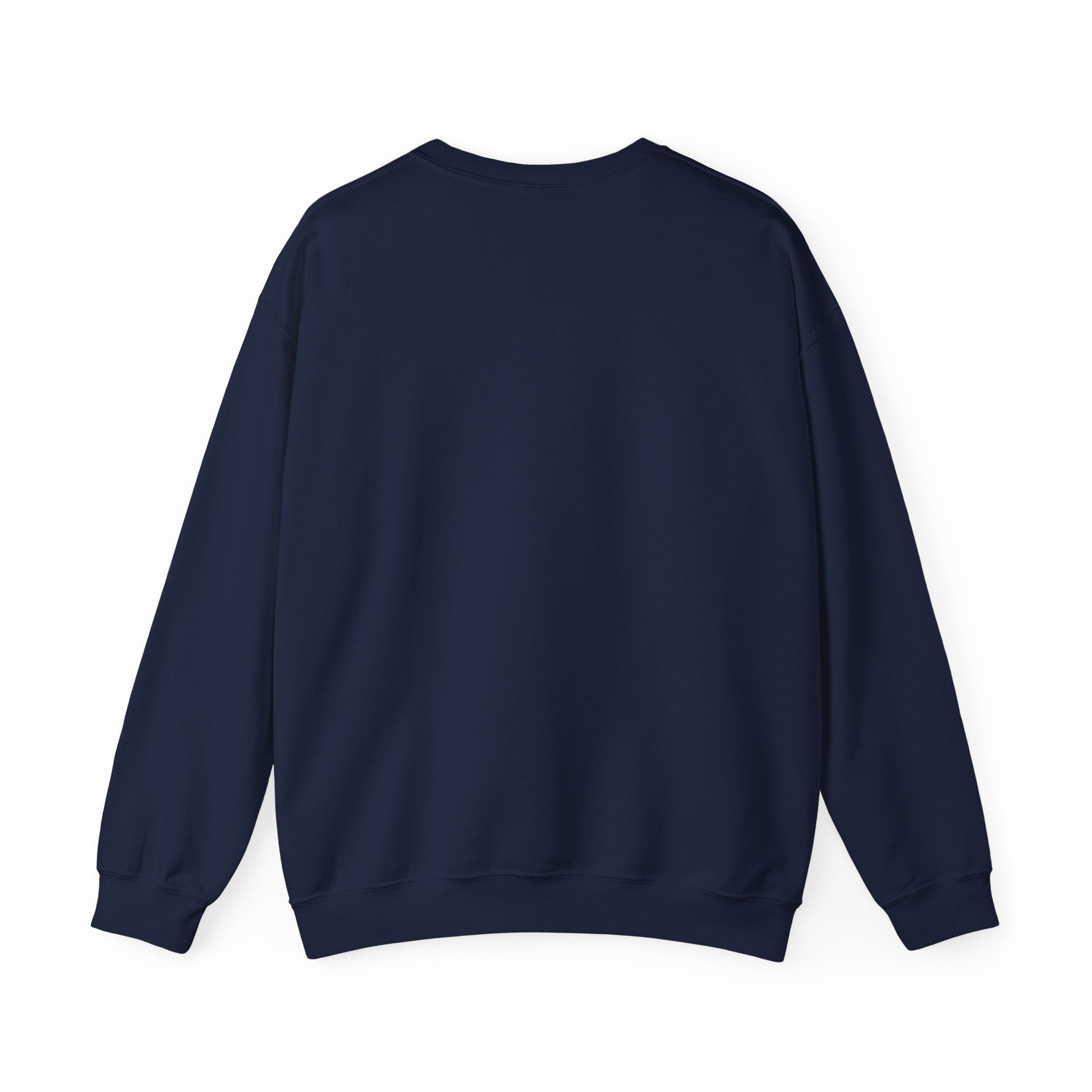 Back view of navy Gildan 18000 unisex crewneck sweatshirt with long sleeves, blank solid color design ready for custom printing.