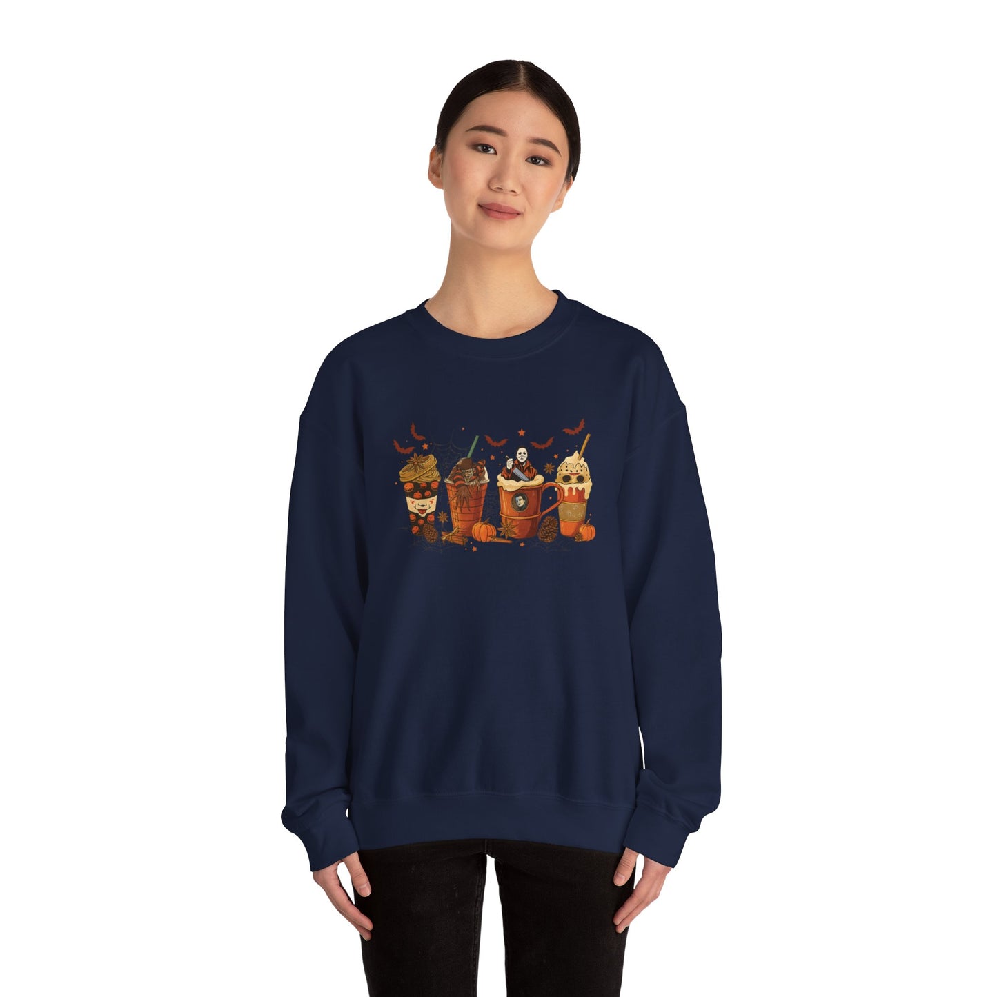 Navy Gildan 18000 unisex crewneck sweatshirt with Halloween horror coffee drinks design, shown on model for casual fit and style.