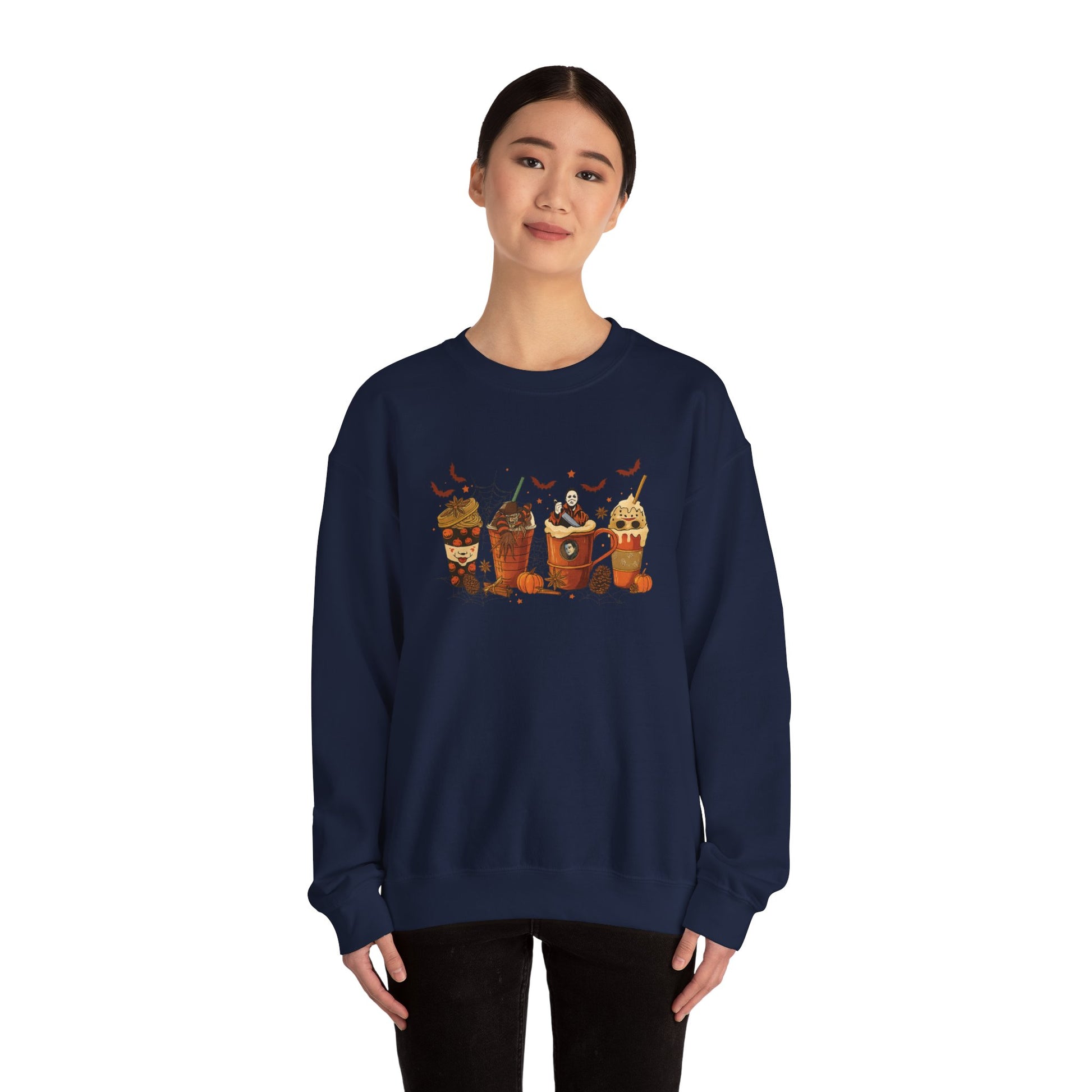 Navy Gildan 18000 unisex crewneck sweatshirt with Halloween horror coffee drinks design, shown on model for casual fit and style.