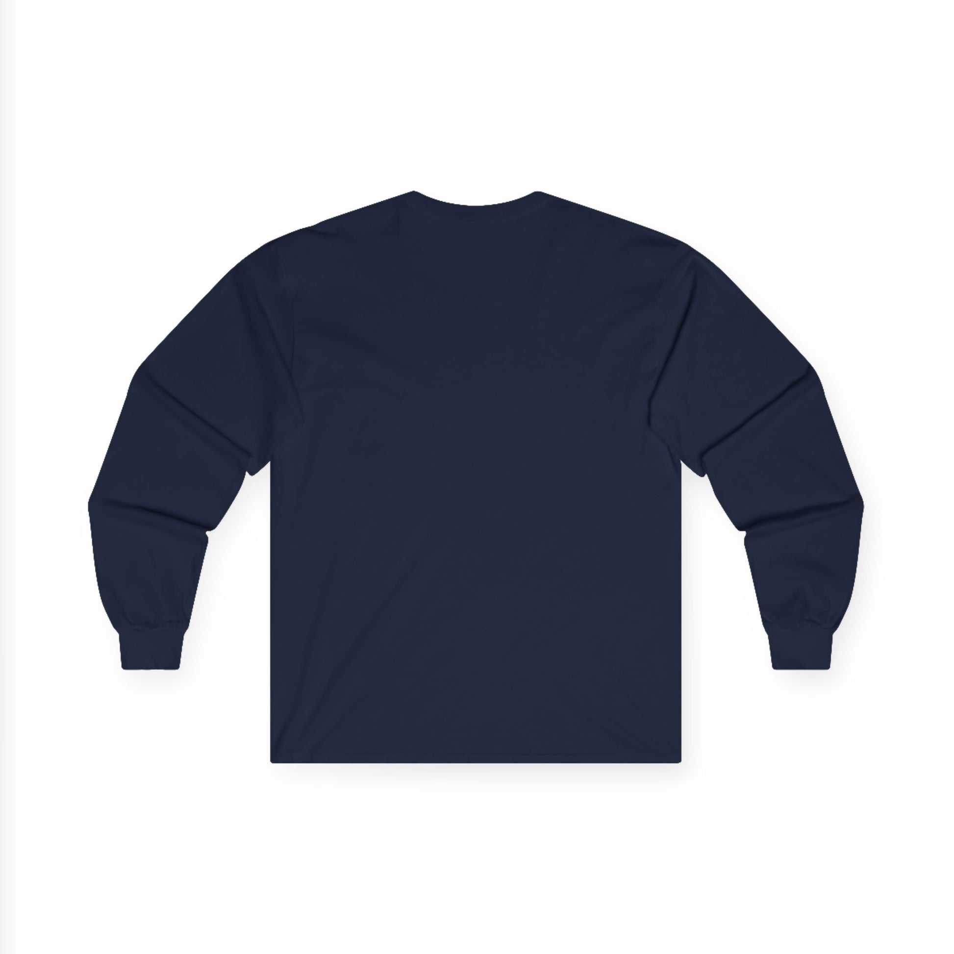 Back view of navy Gildan 2400 long sleeve unisex t-shirt with cuffed sleeves, solid color design, perfect for custom printing and everyday wear.