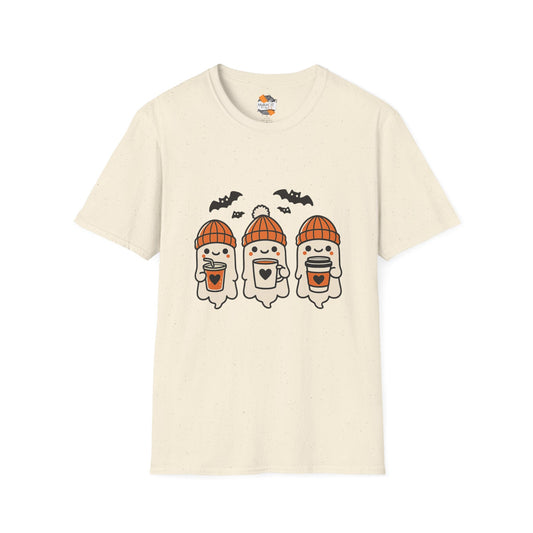 Oatmeal t-shirt with kawaii Halloween ghosts in orange beanies holding coffee, surrounded by bats