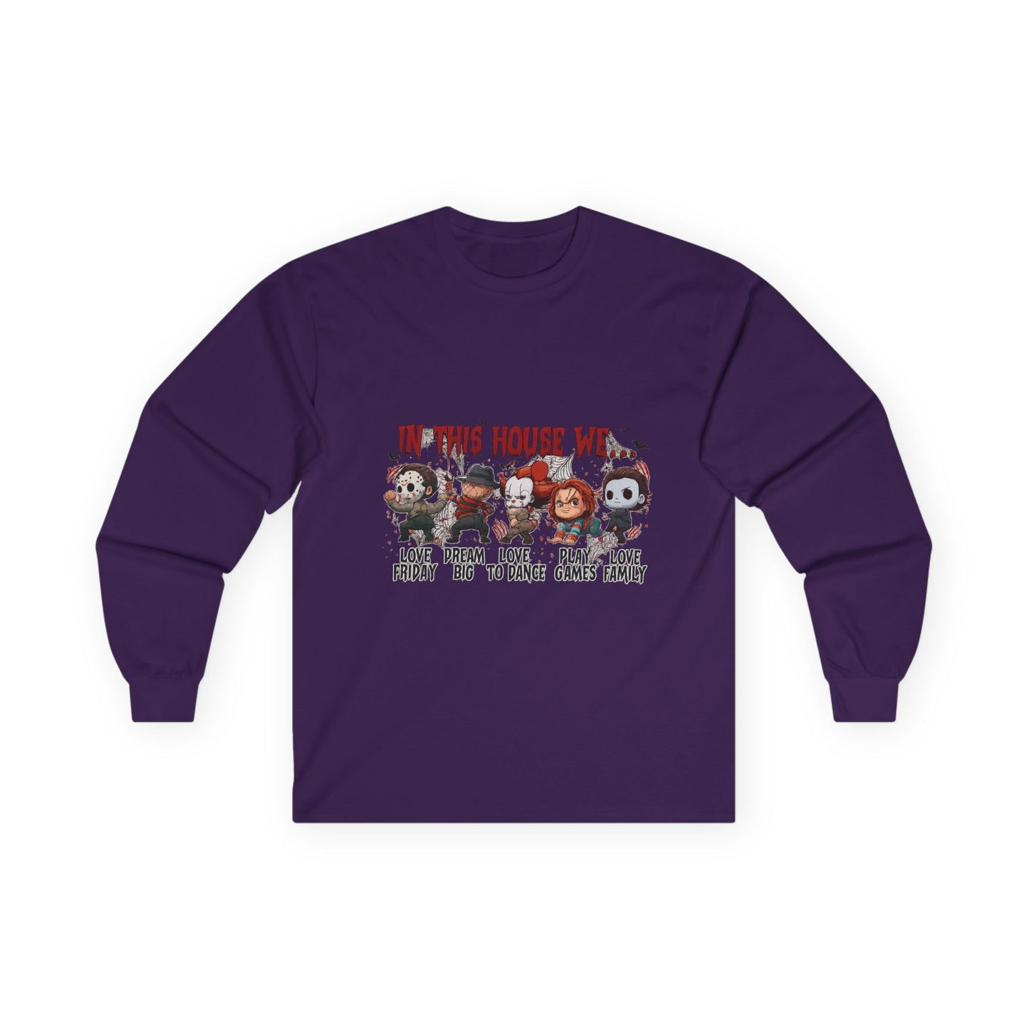 Purple Gildan 2400 long sleeve unisex t-shirt with spooky “In This House We” graphic featuring Halloween horror icons.