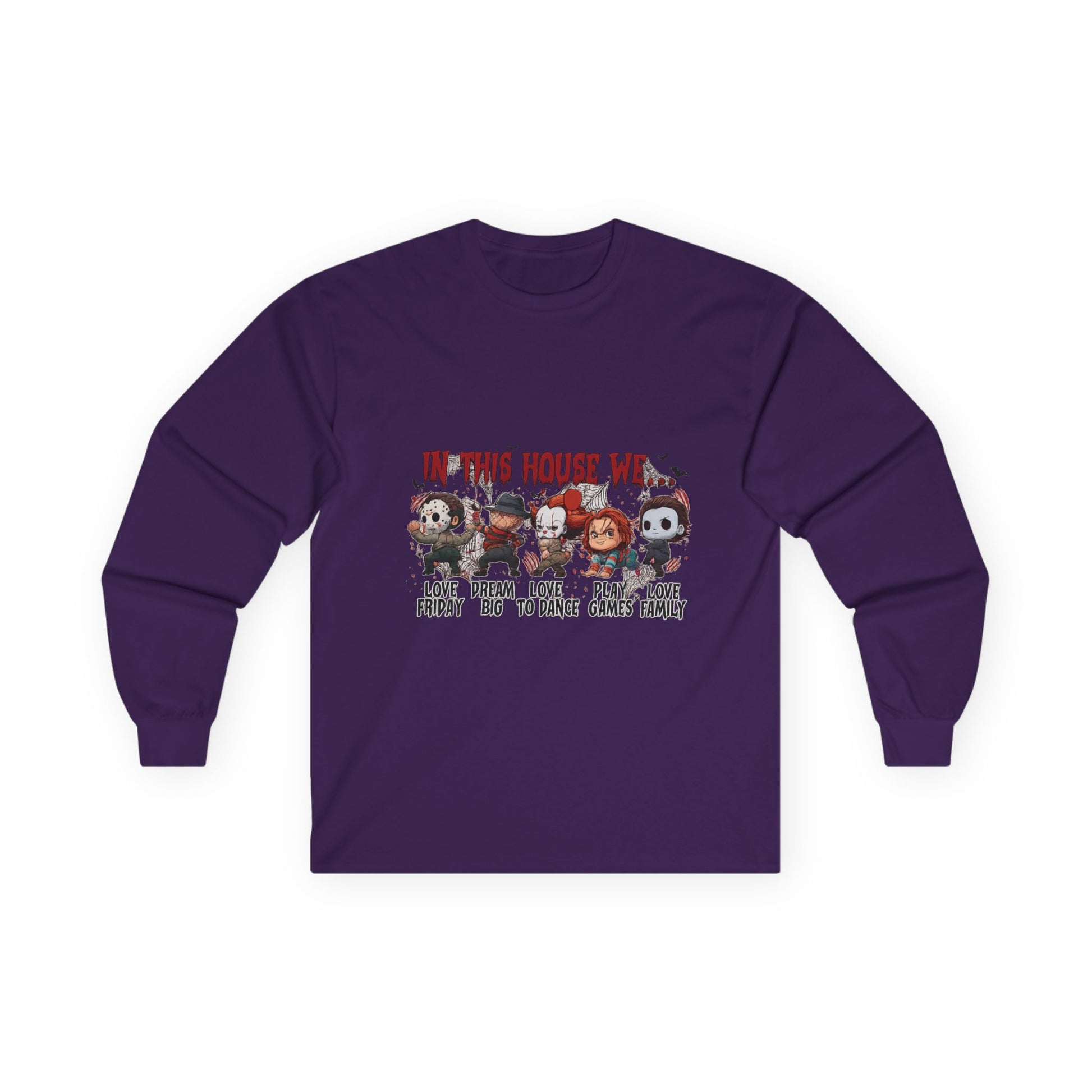Purple Gildan 2400 long sleeve unisex t-shirt with spooky “In This House We” graphic featuring Halloween horror icons.
