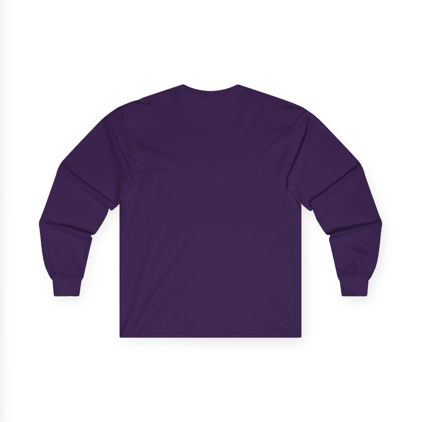 Back view of purple Gildan 2400 long sleeve unisex t-shirt, featuring cuffed sleeves and solid color design, ideal for custom prints and casual wear.