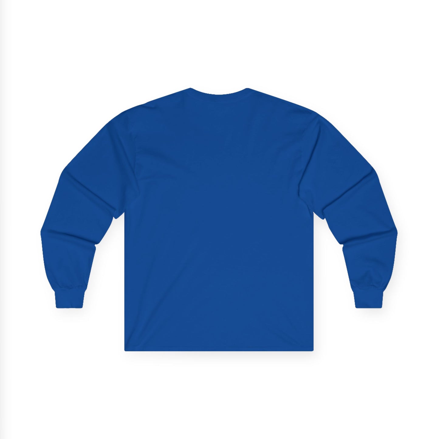 Back view of royal blue Gildan 2400 long sleeve unisex t-shirt, featuring cuffed sleeves and solid color design, ideal for custom printing and casual wear.